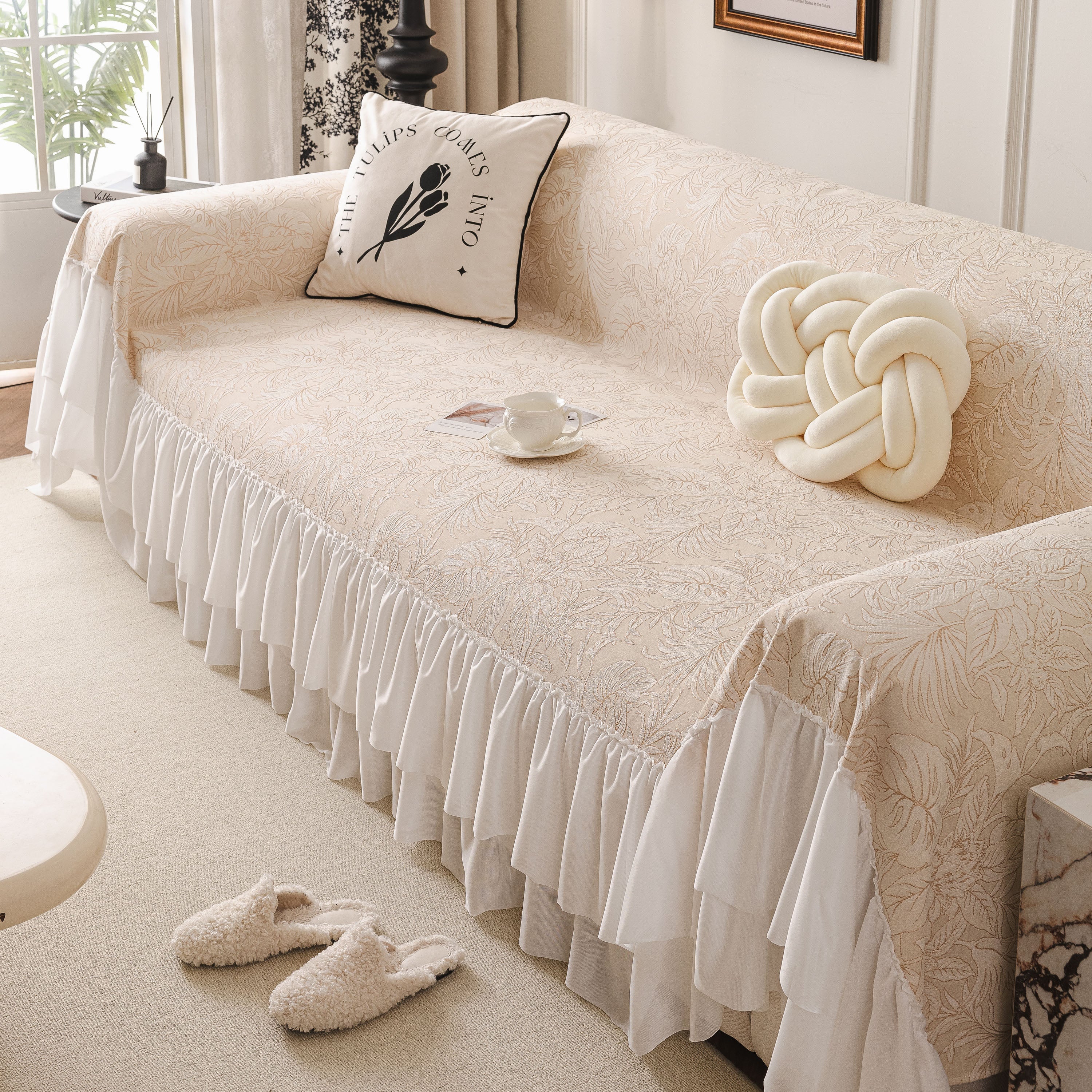 French Chic Style Ruffle Floral Cover Throws For Sofas, Decorative Couch Covers