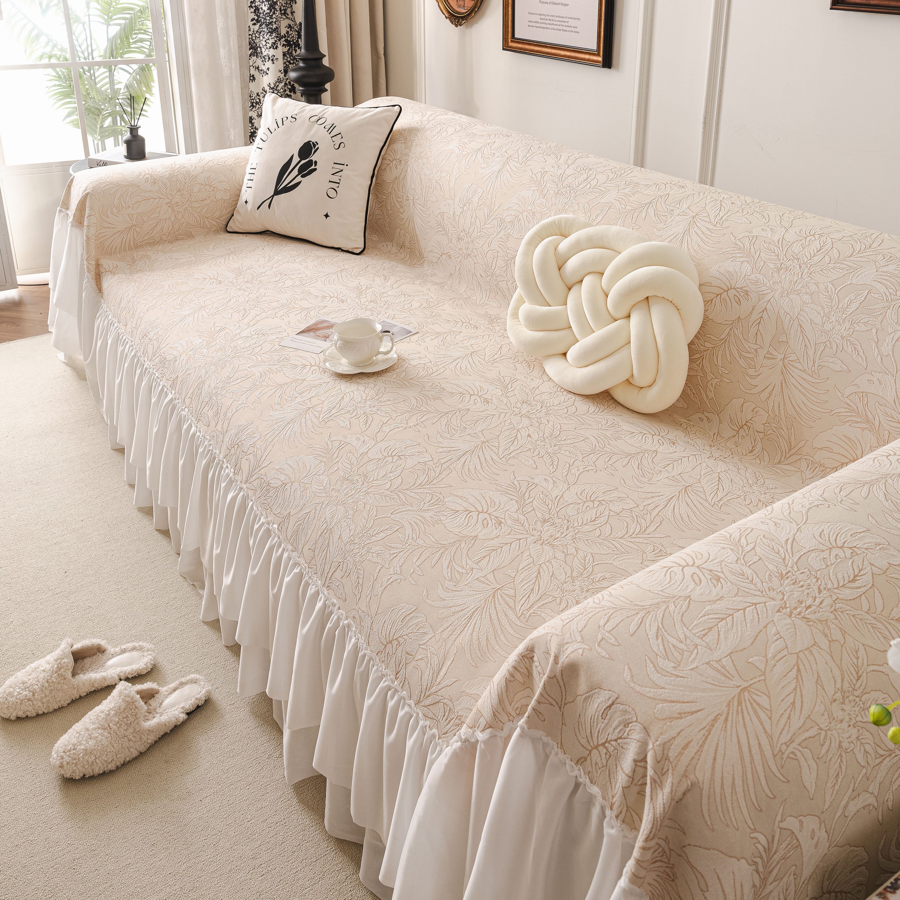 French Chic Style Ruffle Floral Cover Throws For Sofas, Decorative Couch Covers