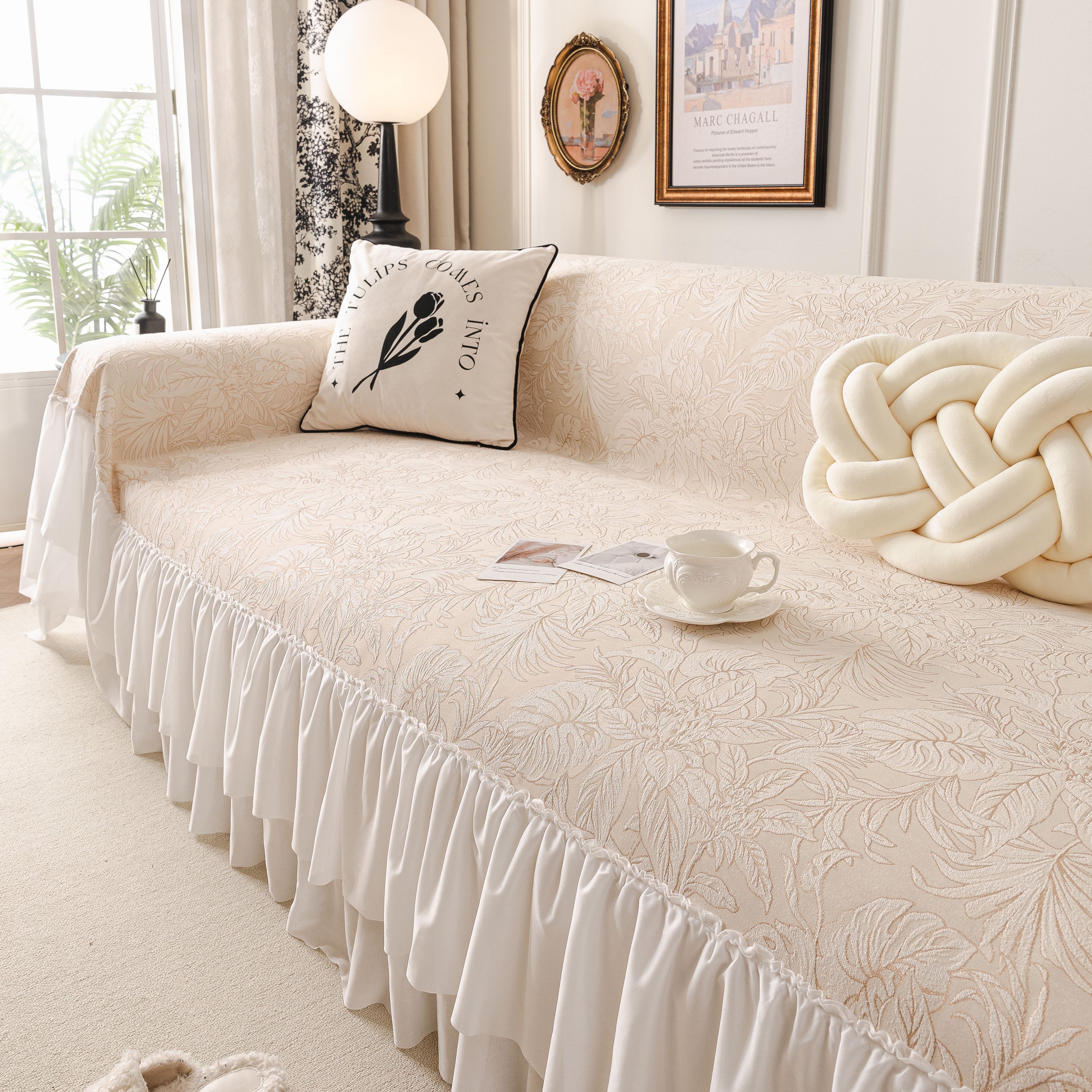 French Chic Style Ruffle Floral Cover Throws For Sofas, Decorative Couch Covers