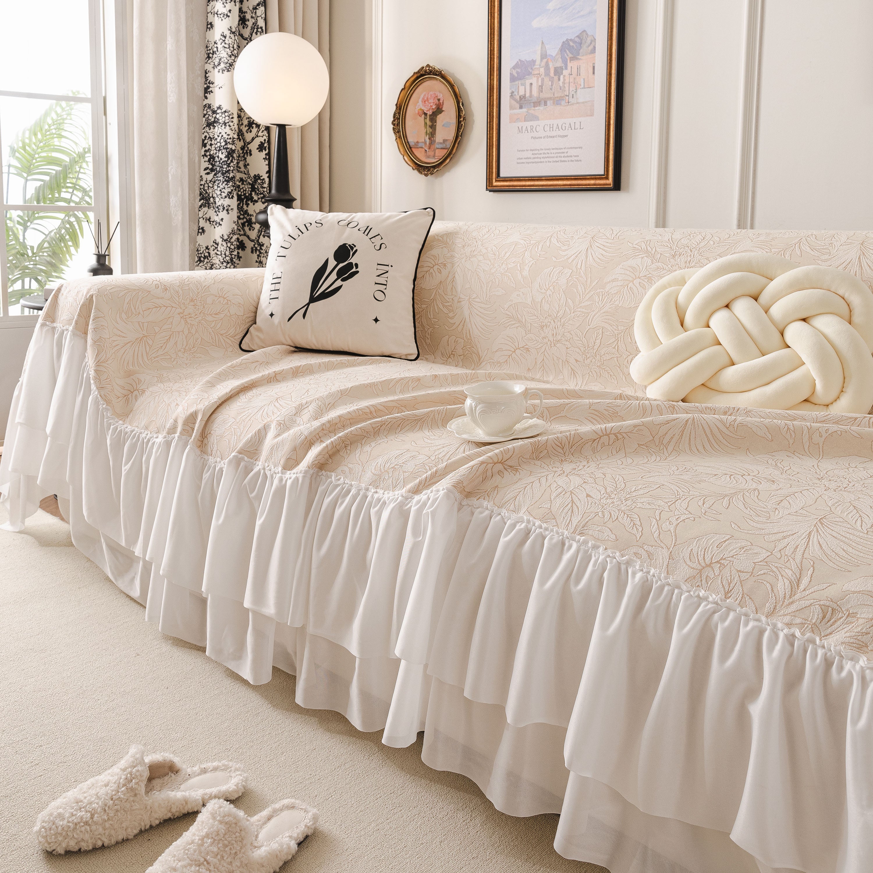 French Chic Style Ruffle Floral Cover Throws For Sofas, Decorative Couch Covers