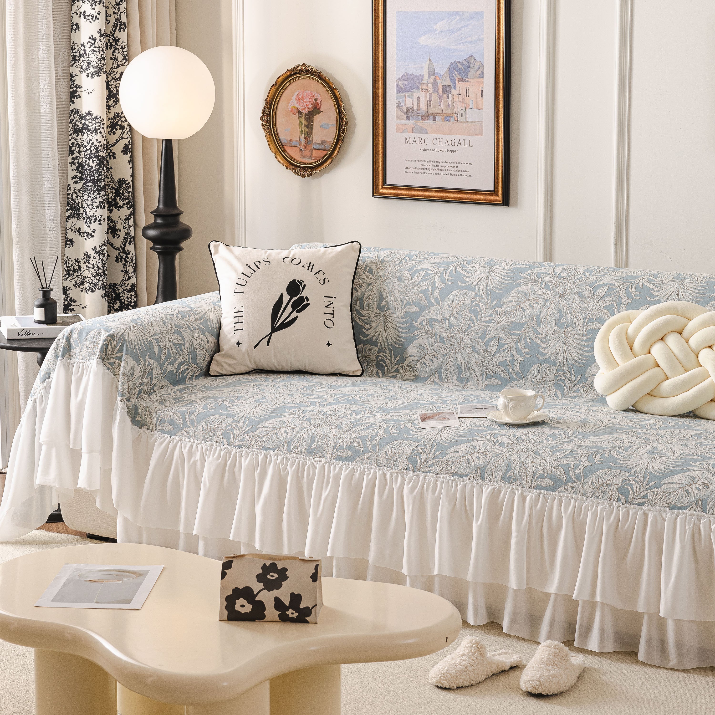 French Chic Style Ruffle Floral Cover Throws For Sofas, Decorative Couch Covers