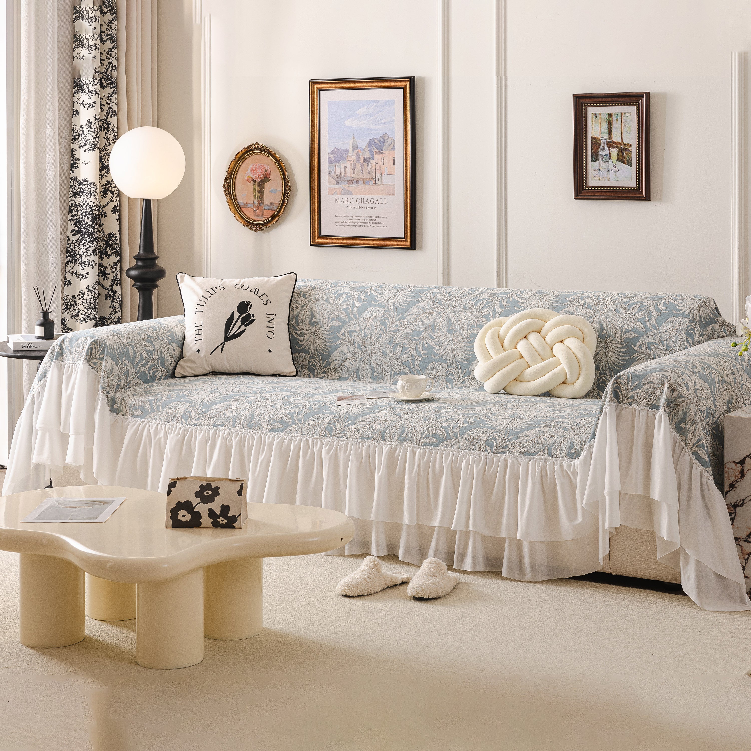 French Chic Style Ruffle Floral Cover Throws For Sofas, Decorative Couch Covers