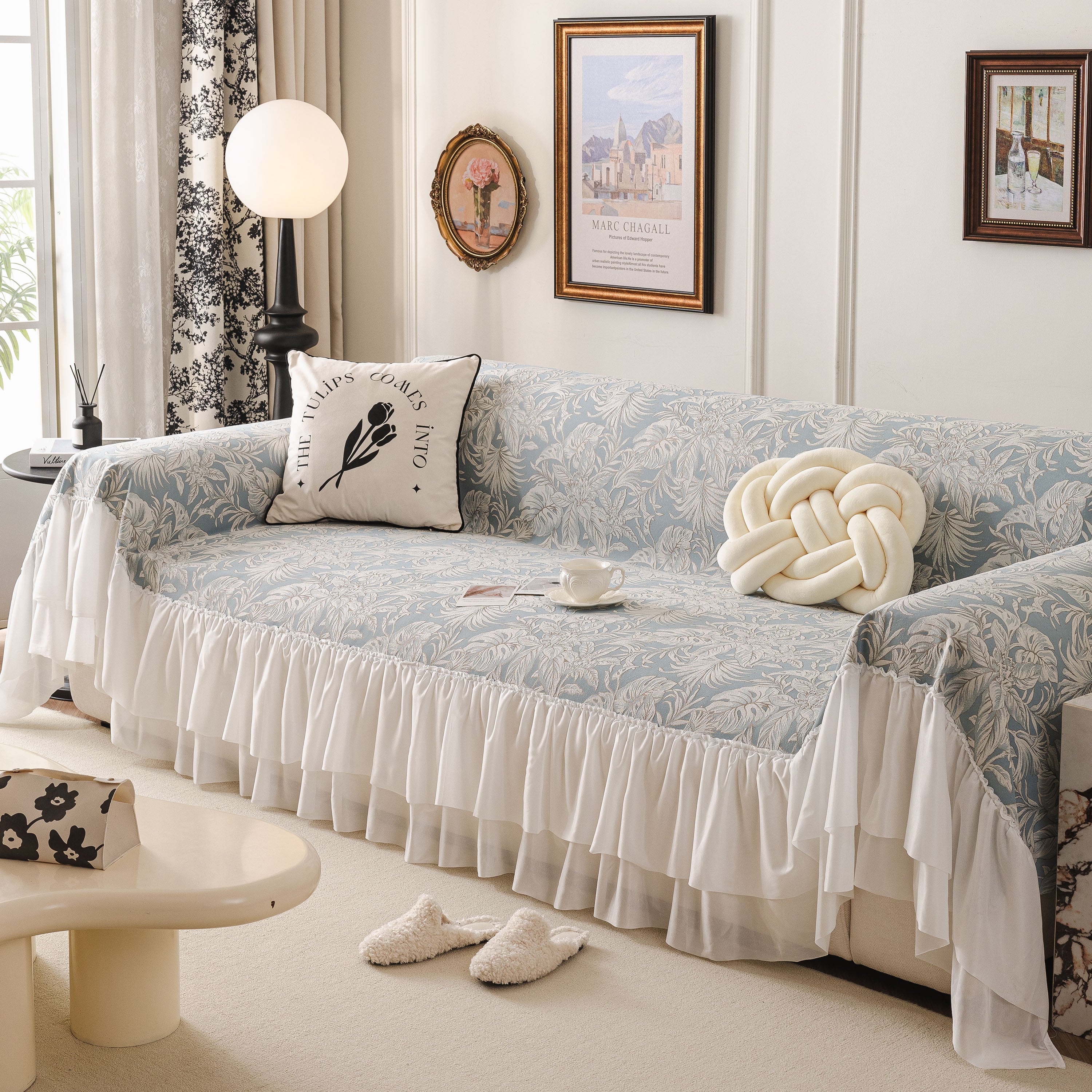 French Chic Style Ruffle Floral Cover Throws For Sofas, Decorative Couch Covers