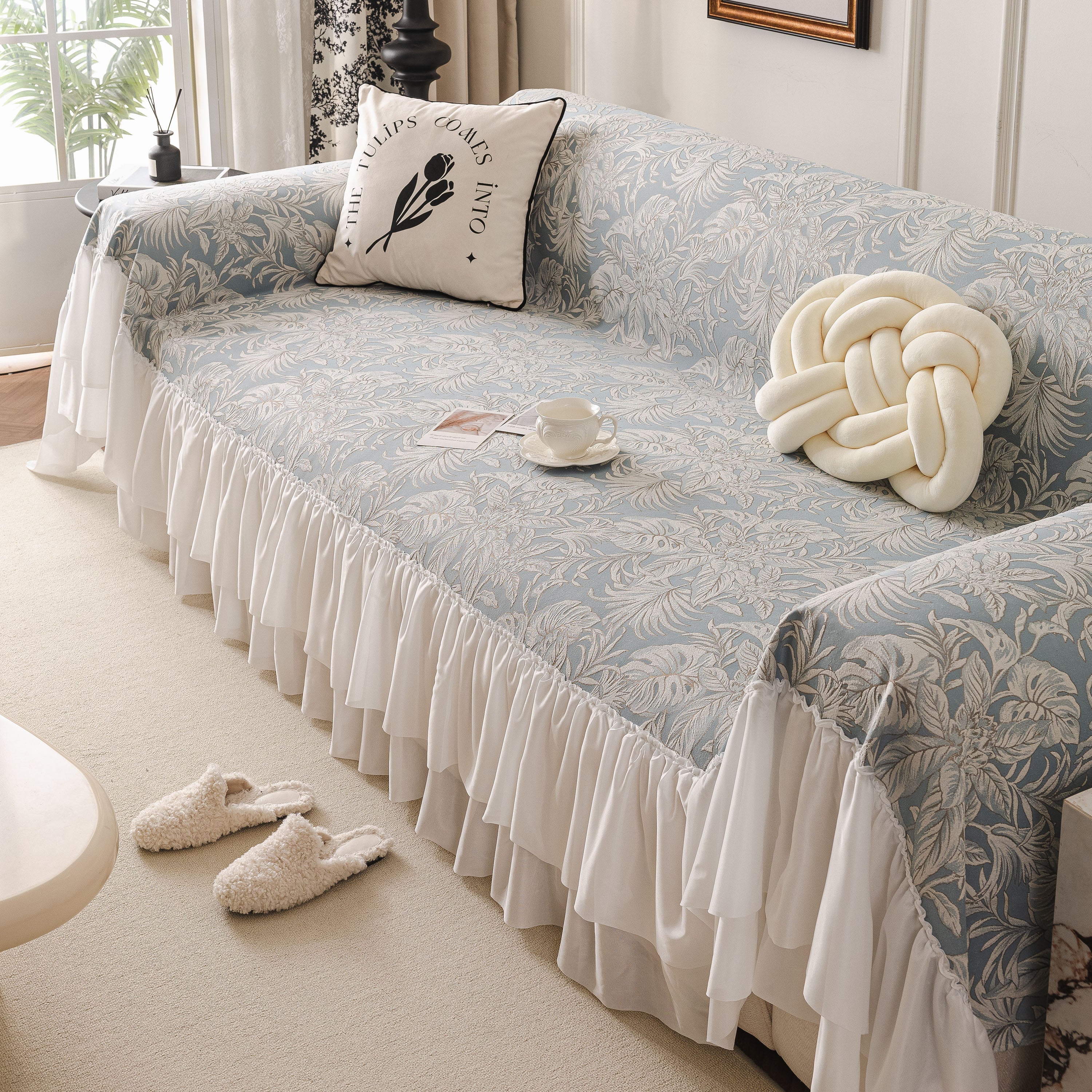 French Chic Style Ruffle Floral Cover Throws For Sofas, Decorative Couch Covers