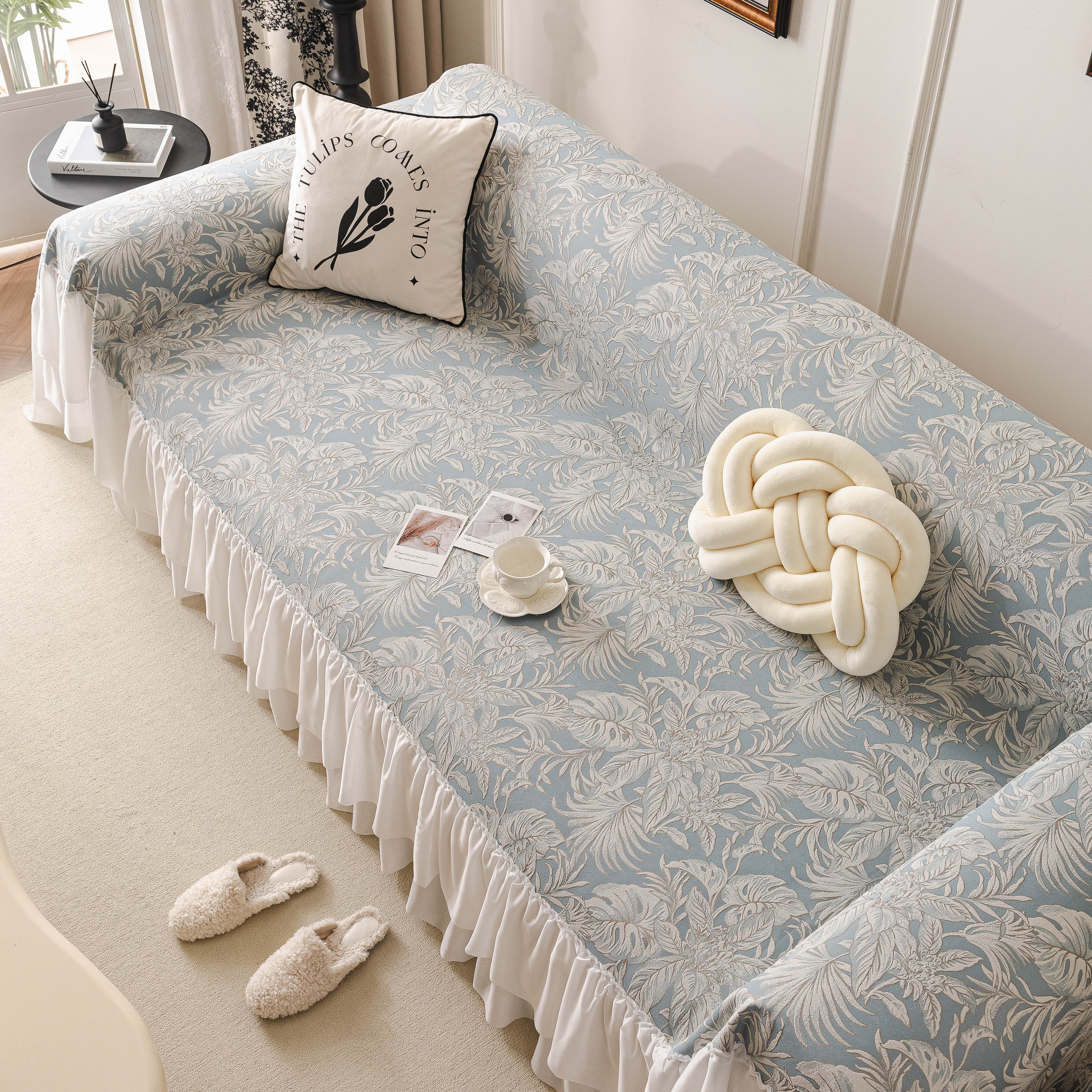 French Chic Style Ruffle Floral Cover Throws For Sofas, Decorative Couch Covers