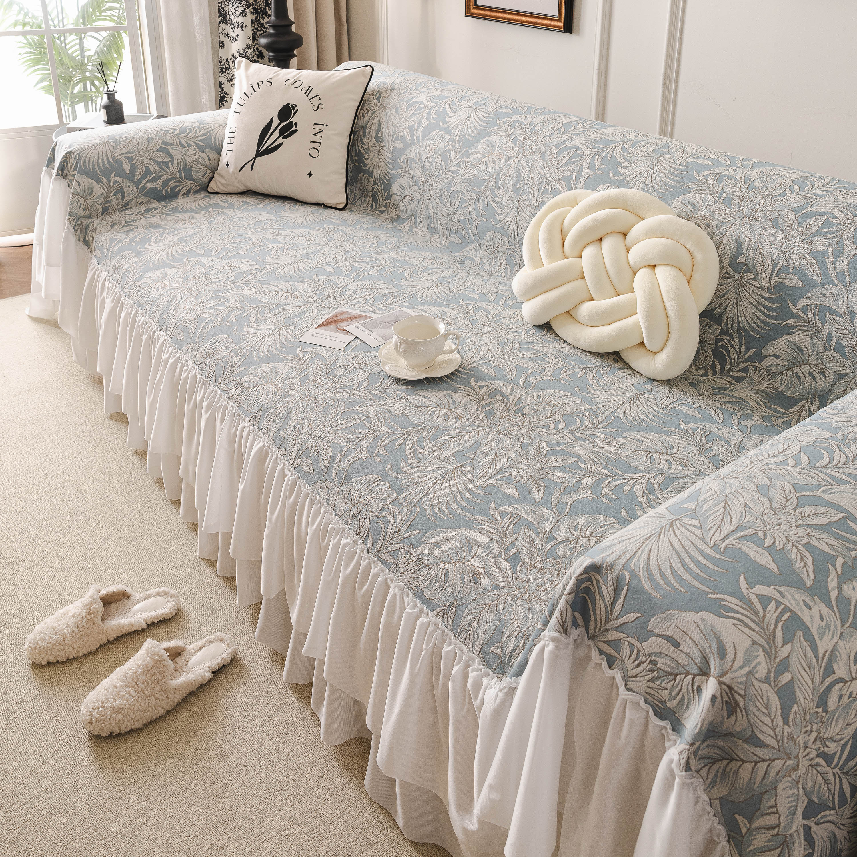 French Chic Style Ruffle Floral Cover Throws For Sofas, Decorative Couch Covers