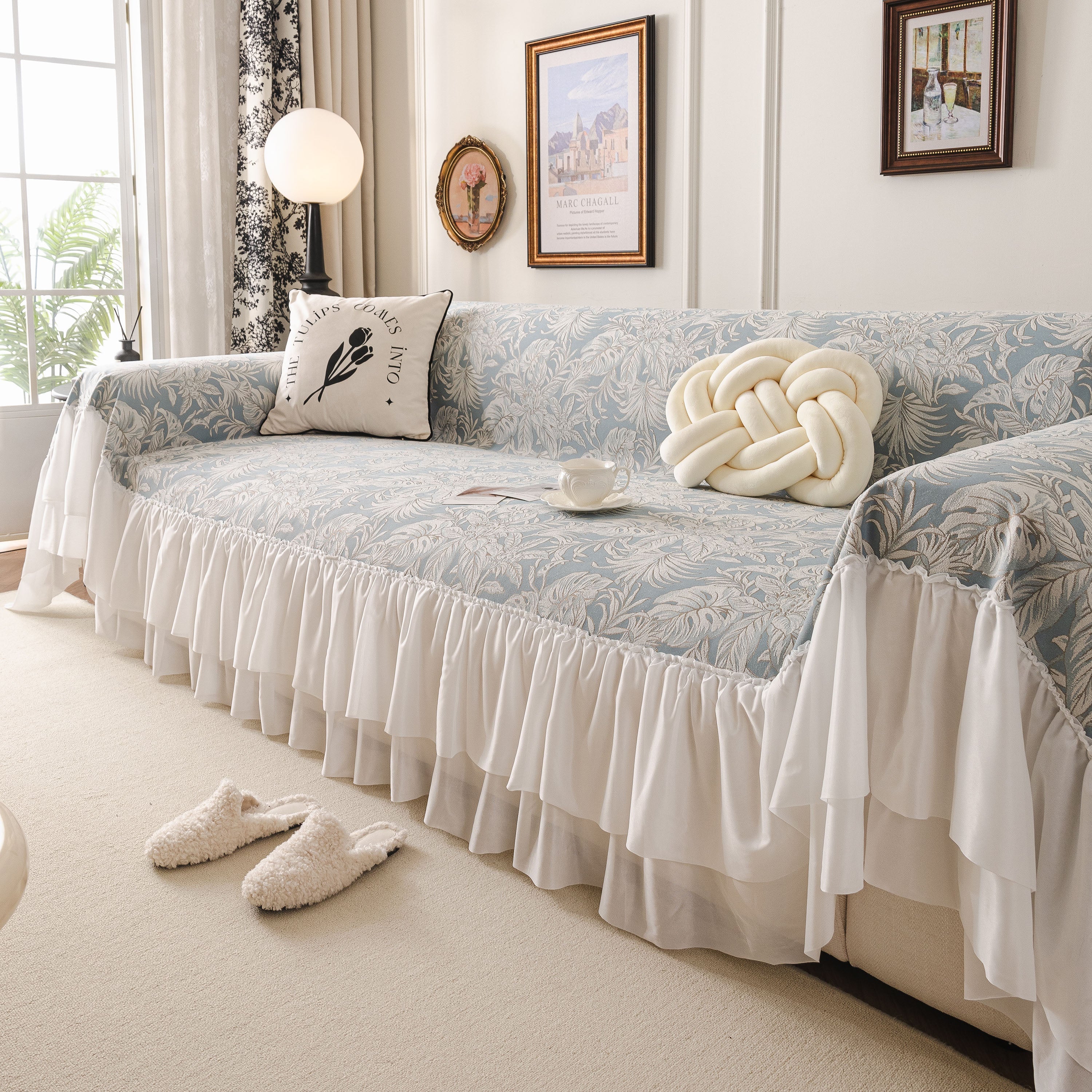 French Chic Style Ruffle Floral Cover Throws For Sofas, Decorative Couch Covers