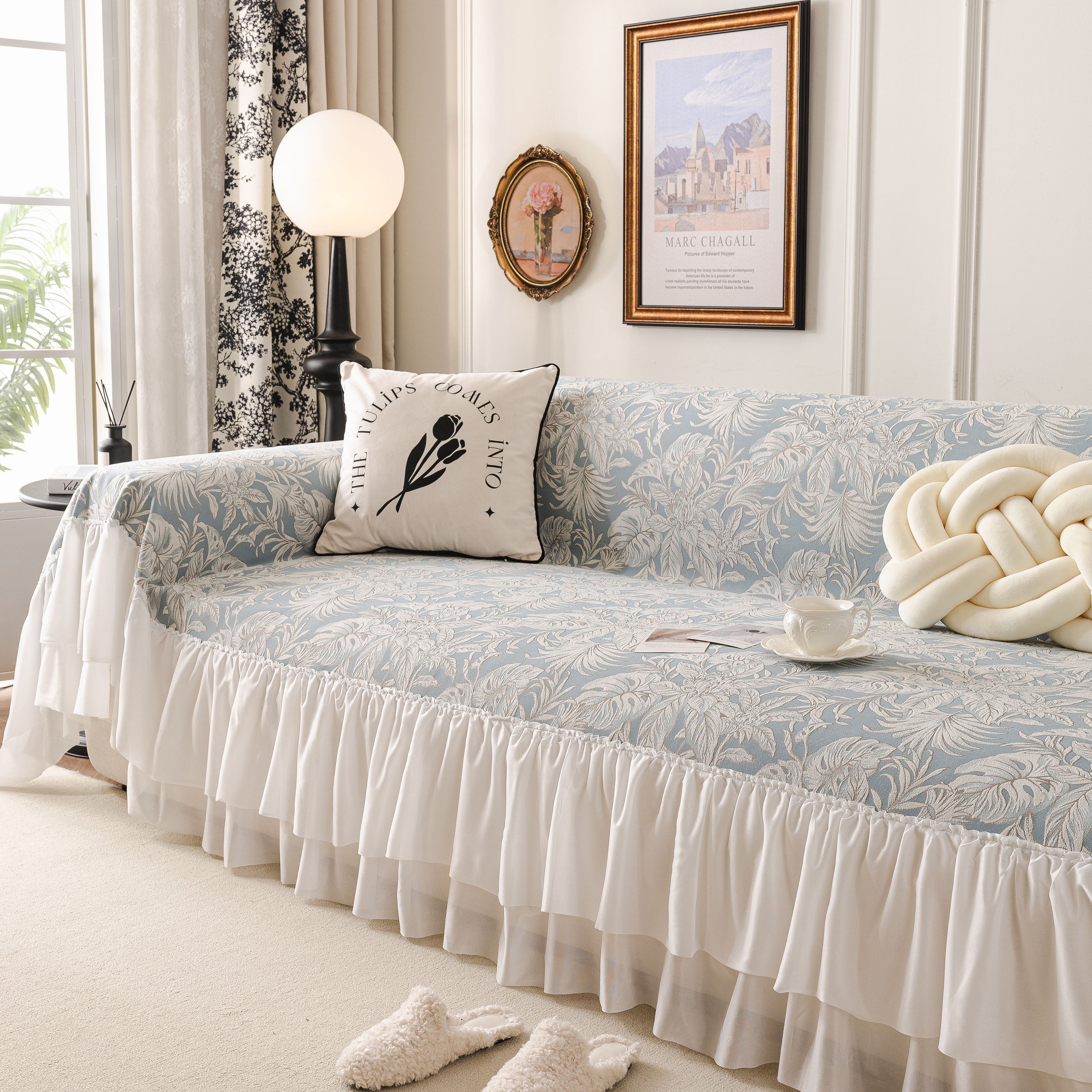 French Chic Style Ruffle Floral Cover Throws For Sofas, Decorative Couch Covers
