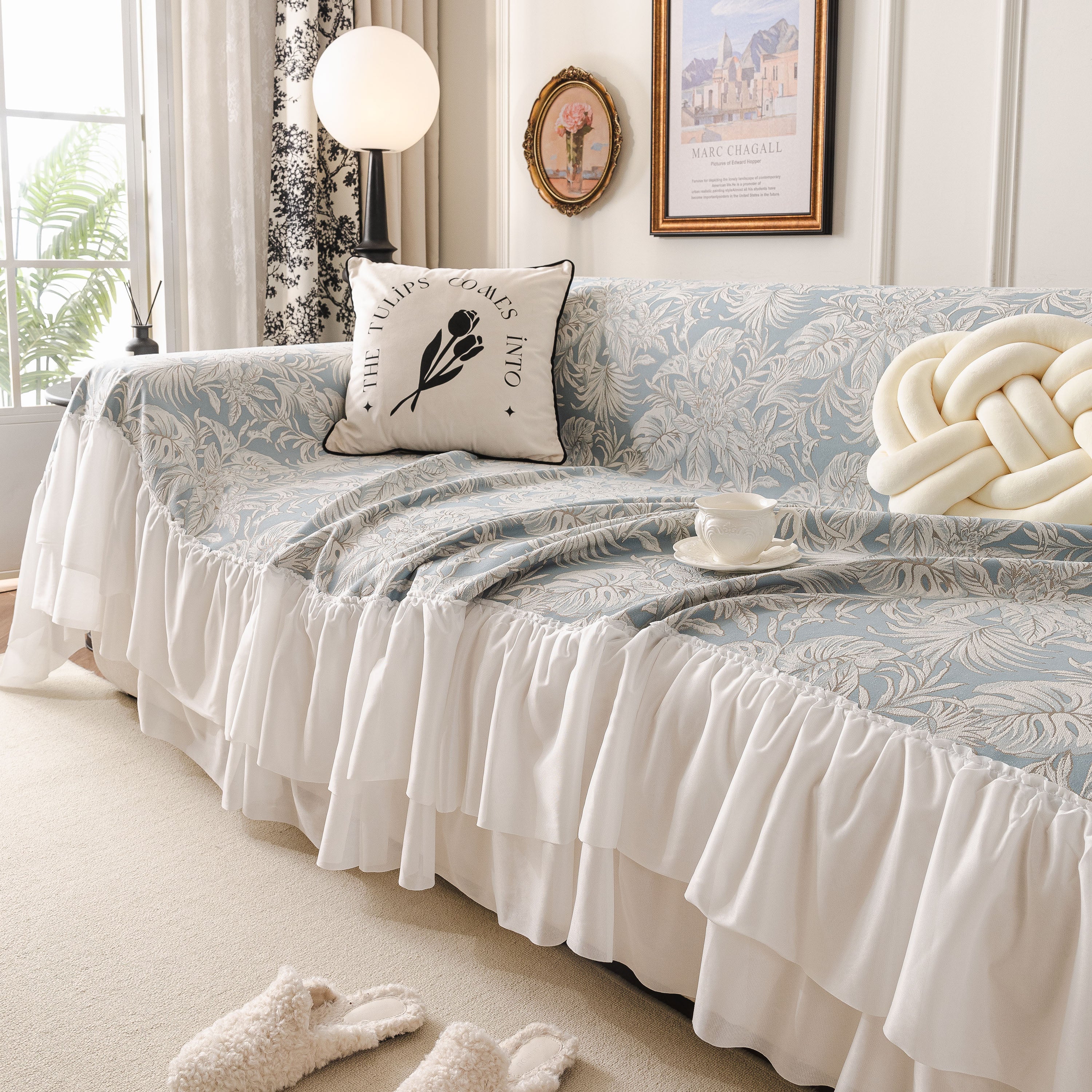 French Chic Style Ruffle Floral Cover Throws For Sofas, Decorative Couch Covers