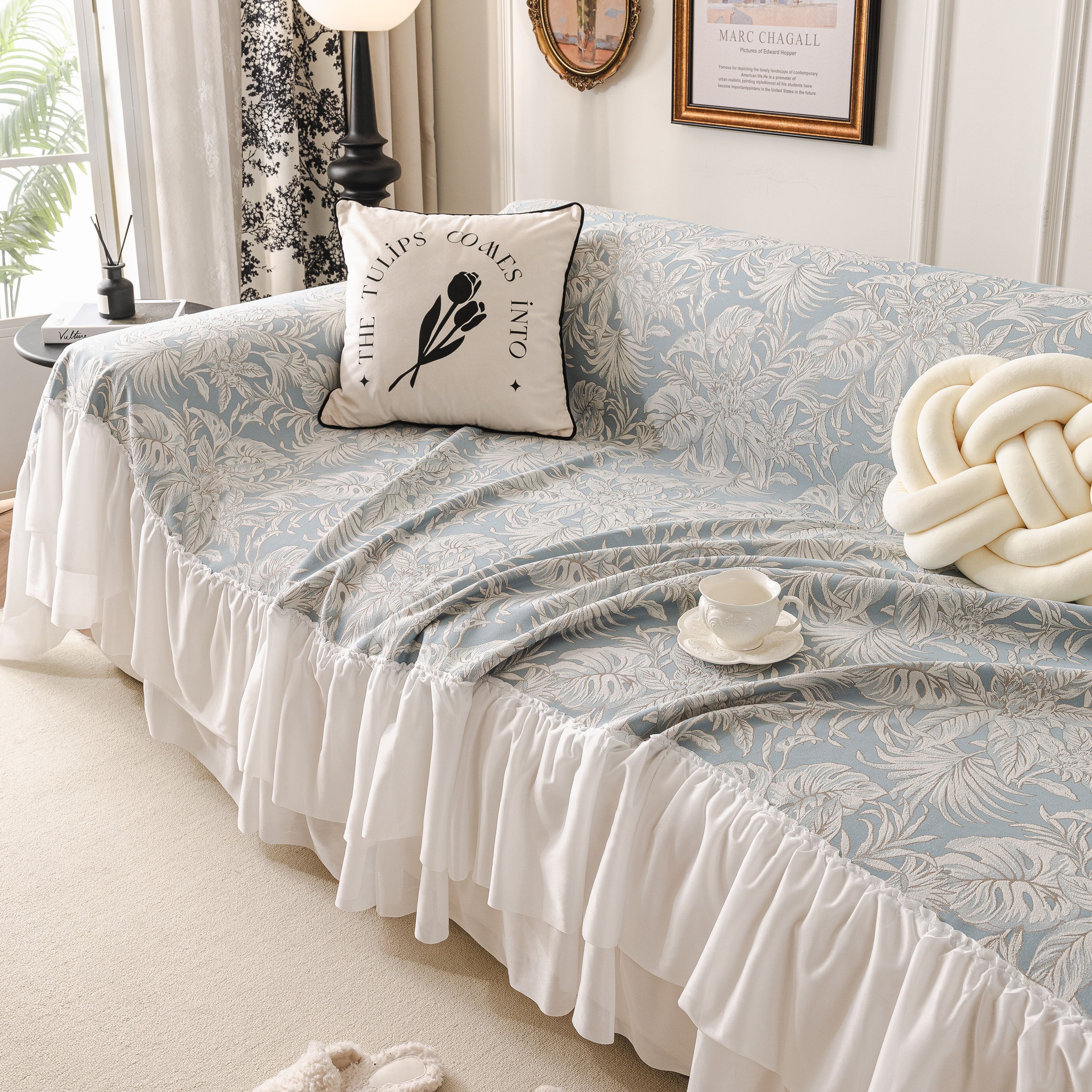 French Chic Style Ruffle Floral Cover Throws For Sofas, Decorative Couch Covers