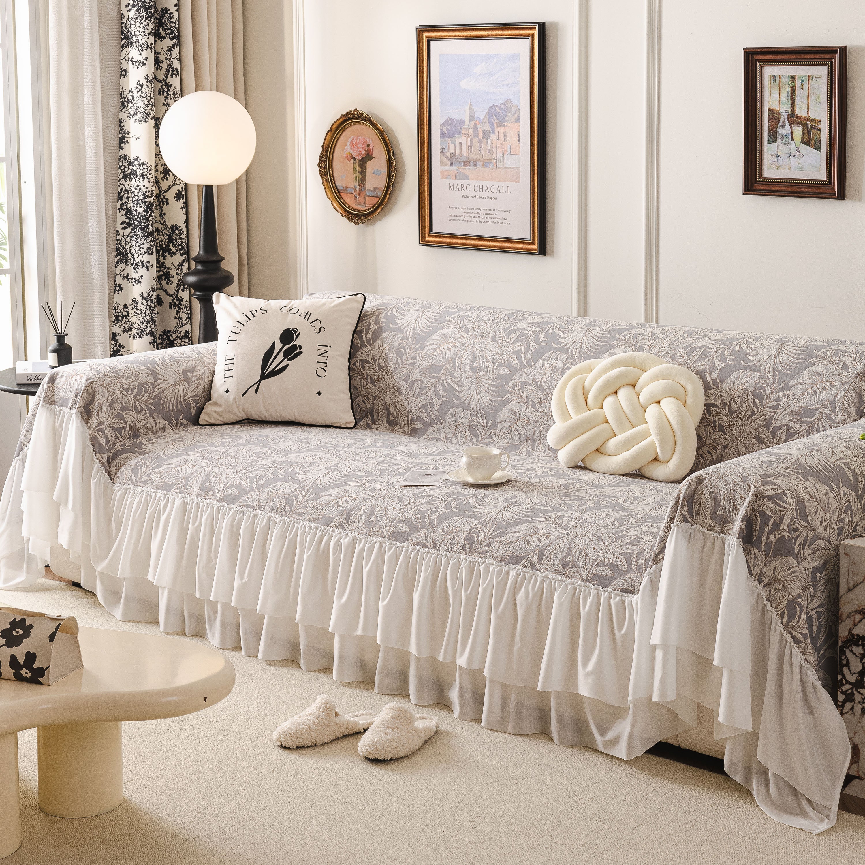French Chic Style Ruffle Floral Cover Throws For Sofas, Decorative Couch Covers
