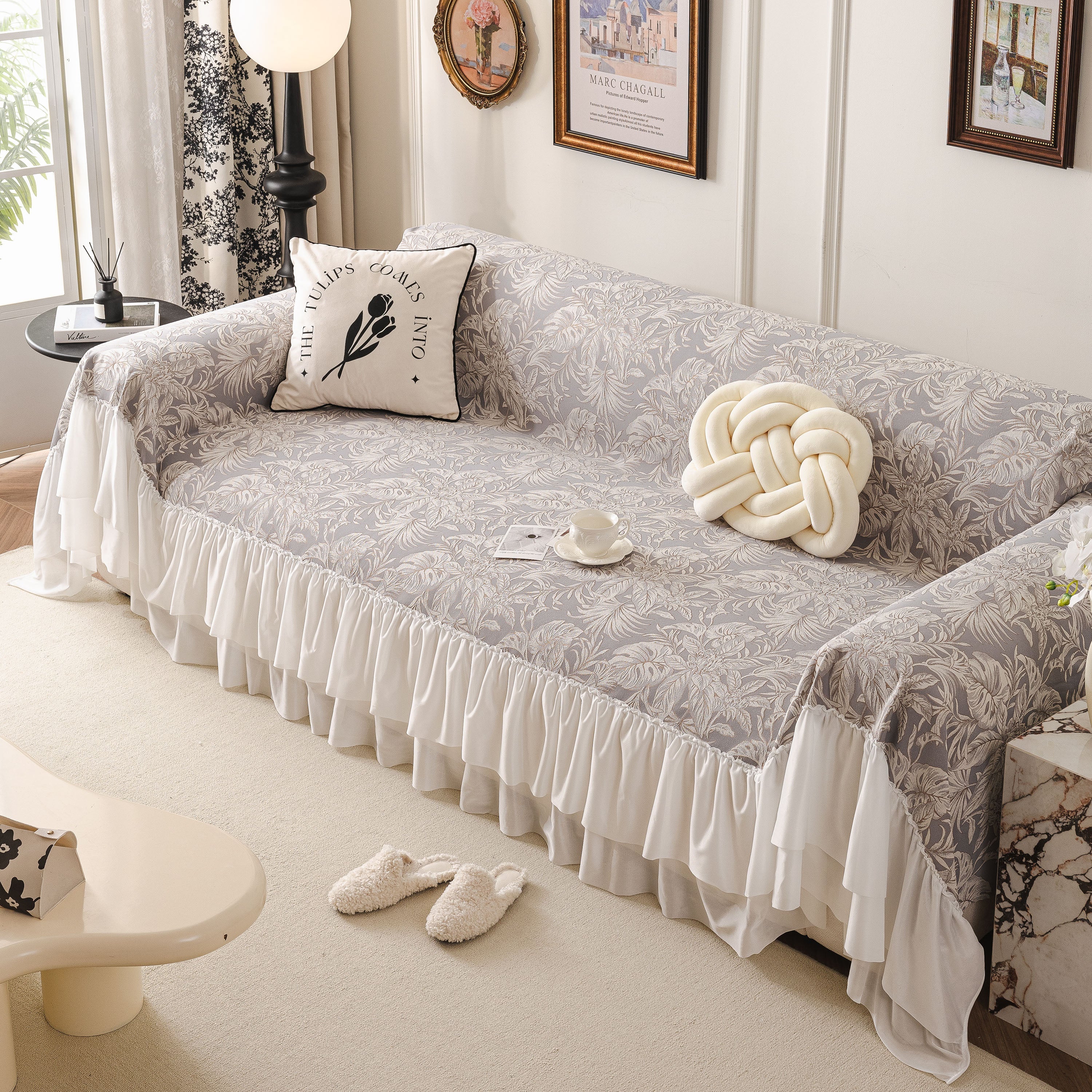 French Chic Style Ruffle Floral Cover Throws For Sofas, Decorative Couch Covers