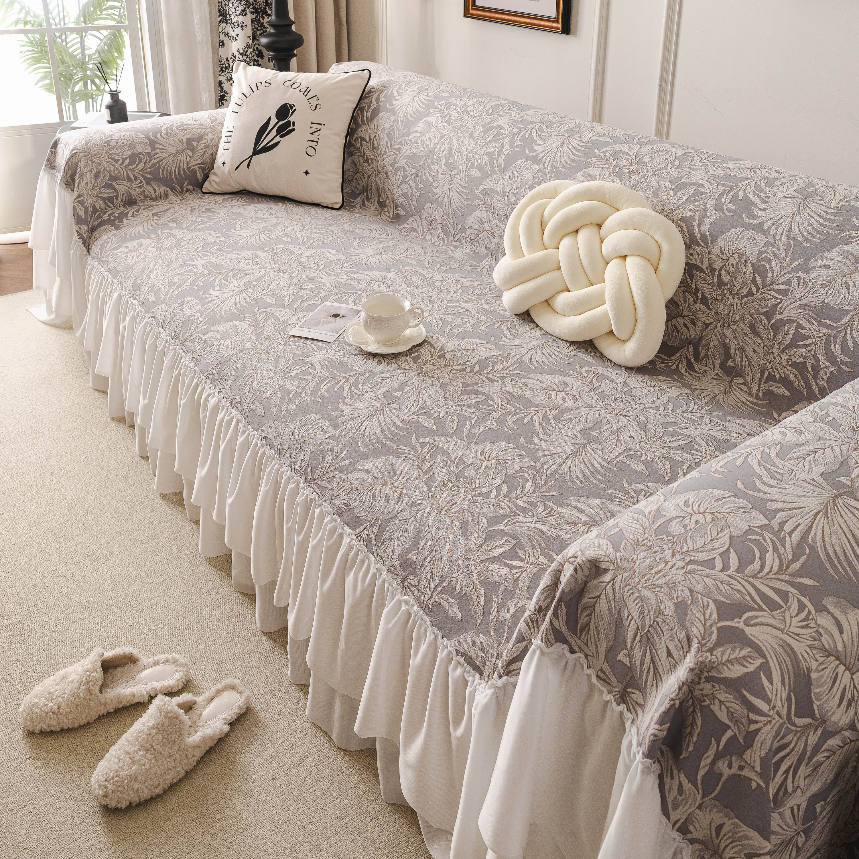 French Chic Style Ruffle Floral Cover Throws For Sofas, Decorative Couch Covers