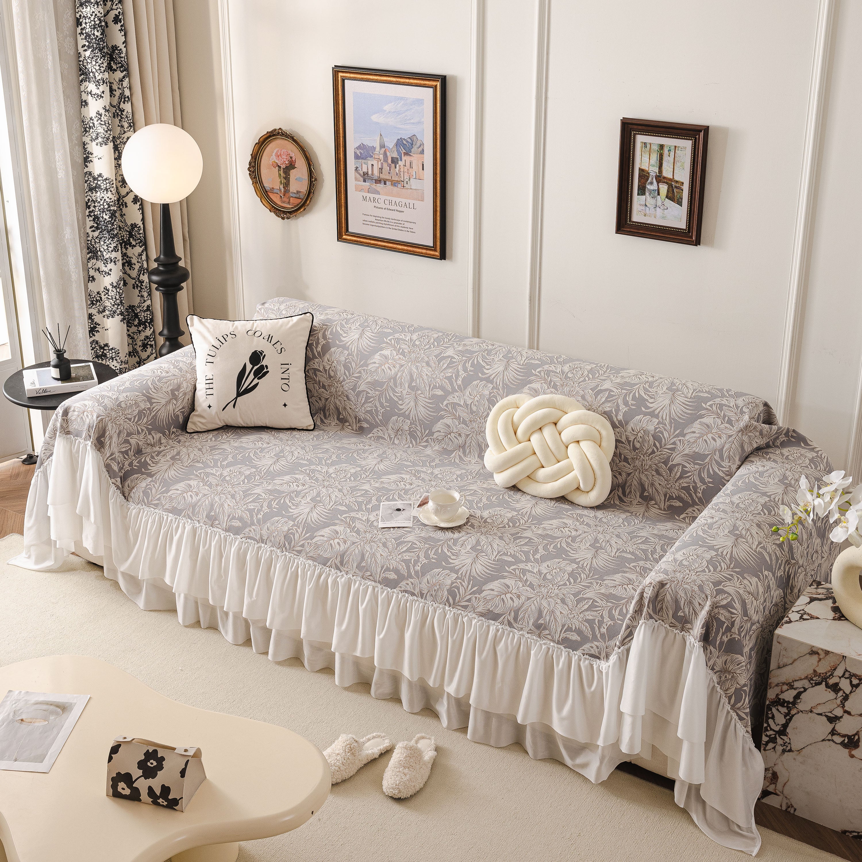 French Chic Style Ruffle Floral Cover Throws For Sofas, Decorative Couch Covers