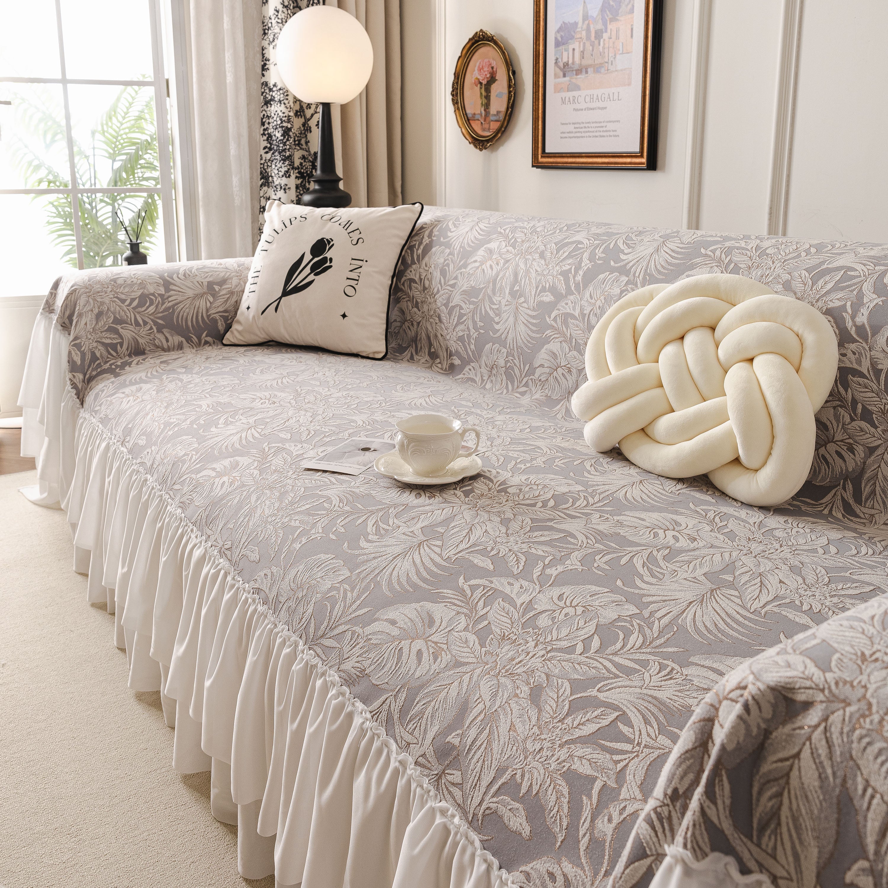 French Chic Style Ruffle Floral Cover Throws For Sofas, Decorative Couch Covers