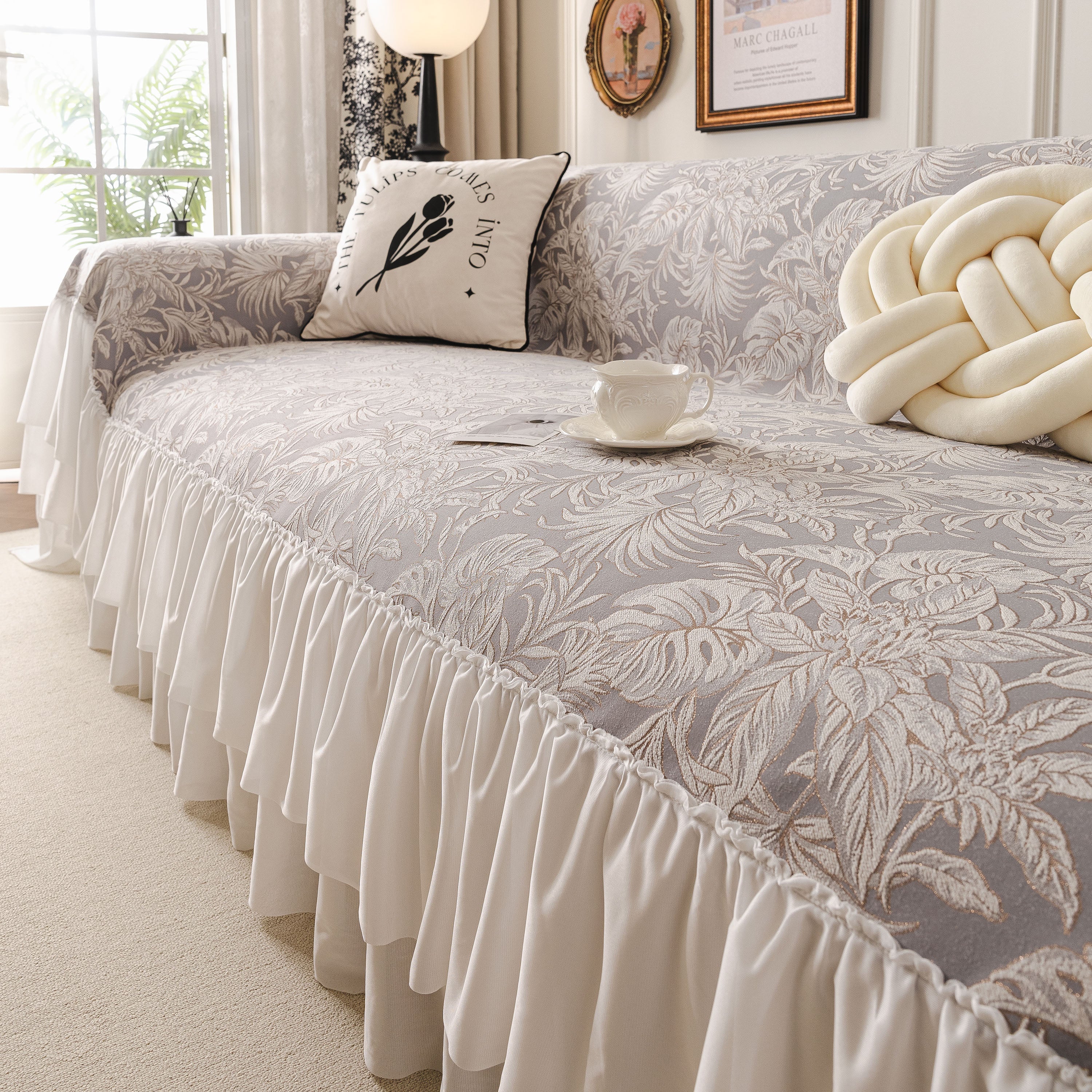 French Chic Style Ruffle Floral Cover Throws For Sofas, Decorative Couch Covers