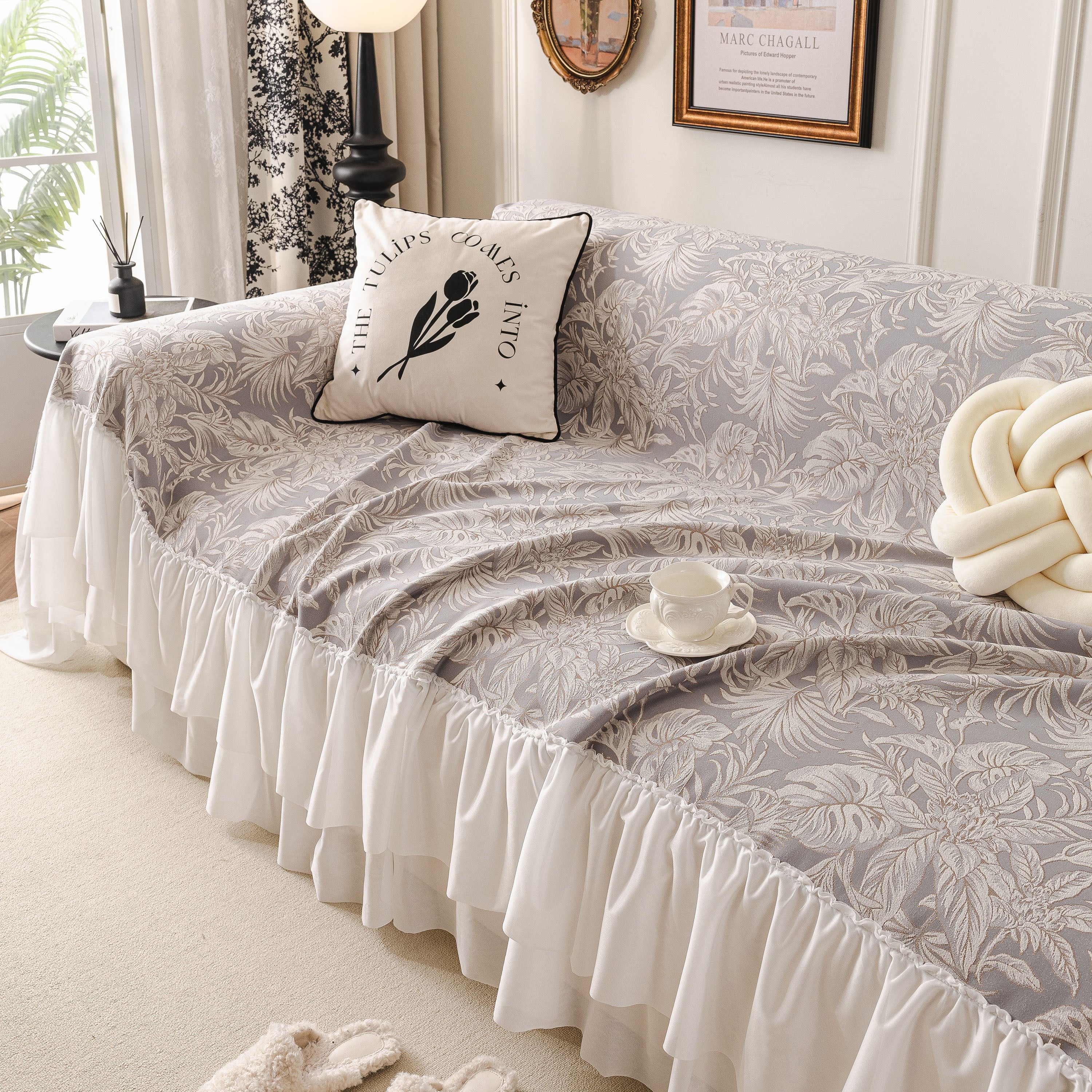 French Chic Style Ruffle Floral Cover Throws For Sofas, Decorative Couch Covers