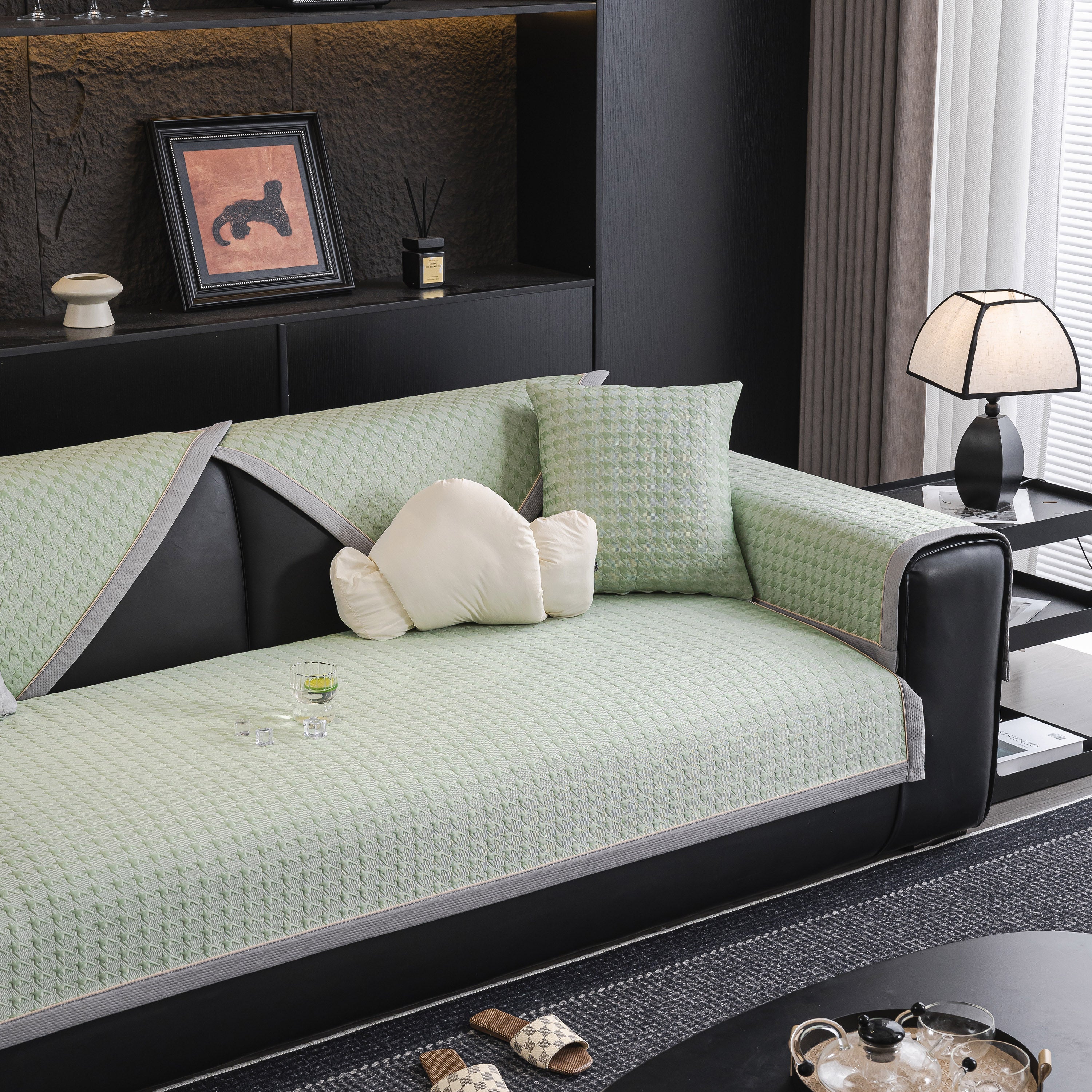 Houndstooth Ice Silk Breathable Sofa Cover, Modern Non-slip Summer Couch Protector