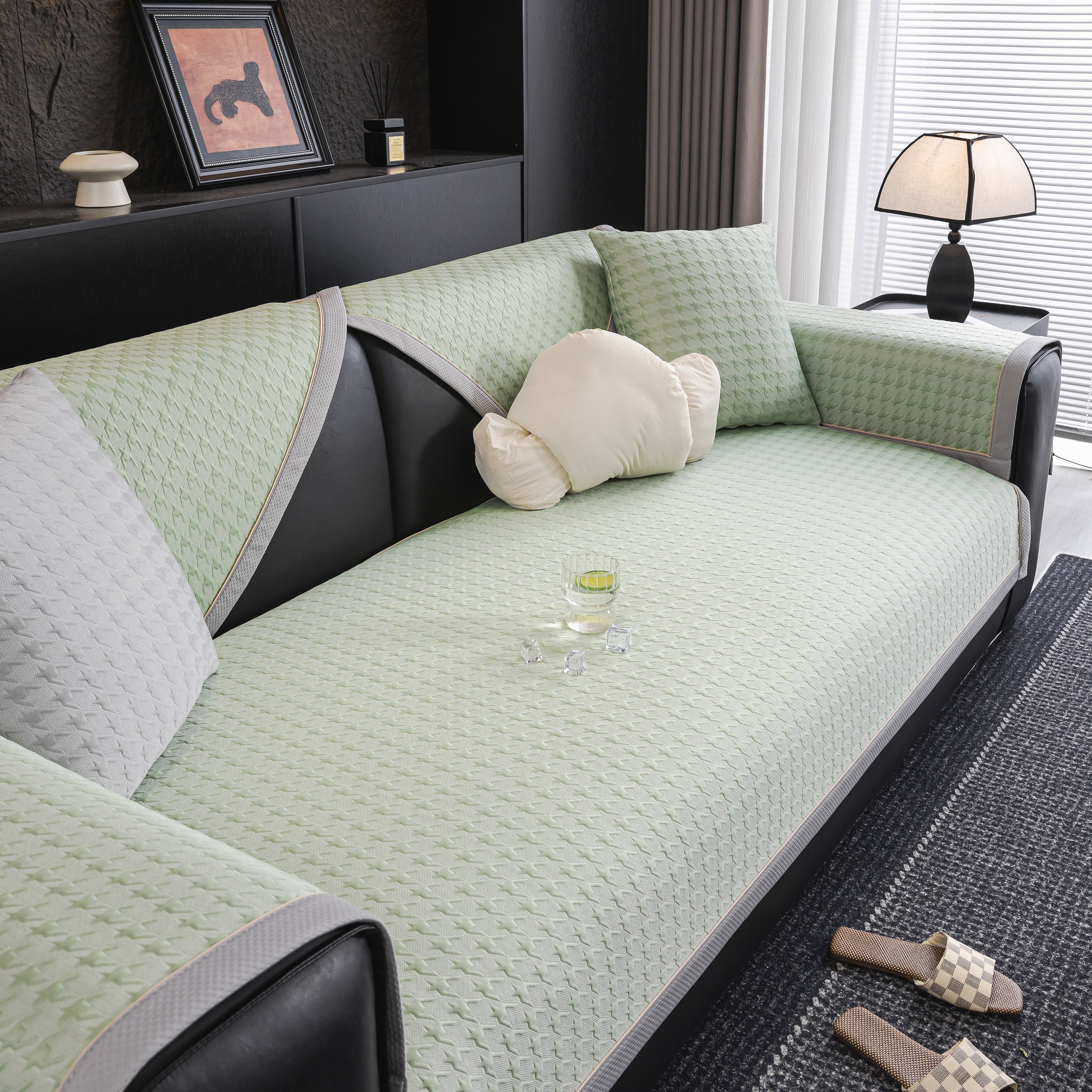 Houndstooth Ice Silk Breathable Sofa Cover, Modern Non-slip Summer Couch Protector