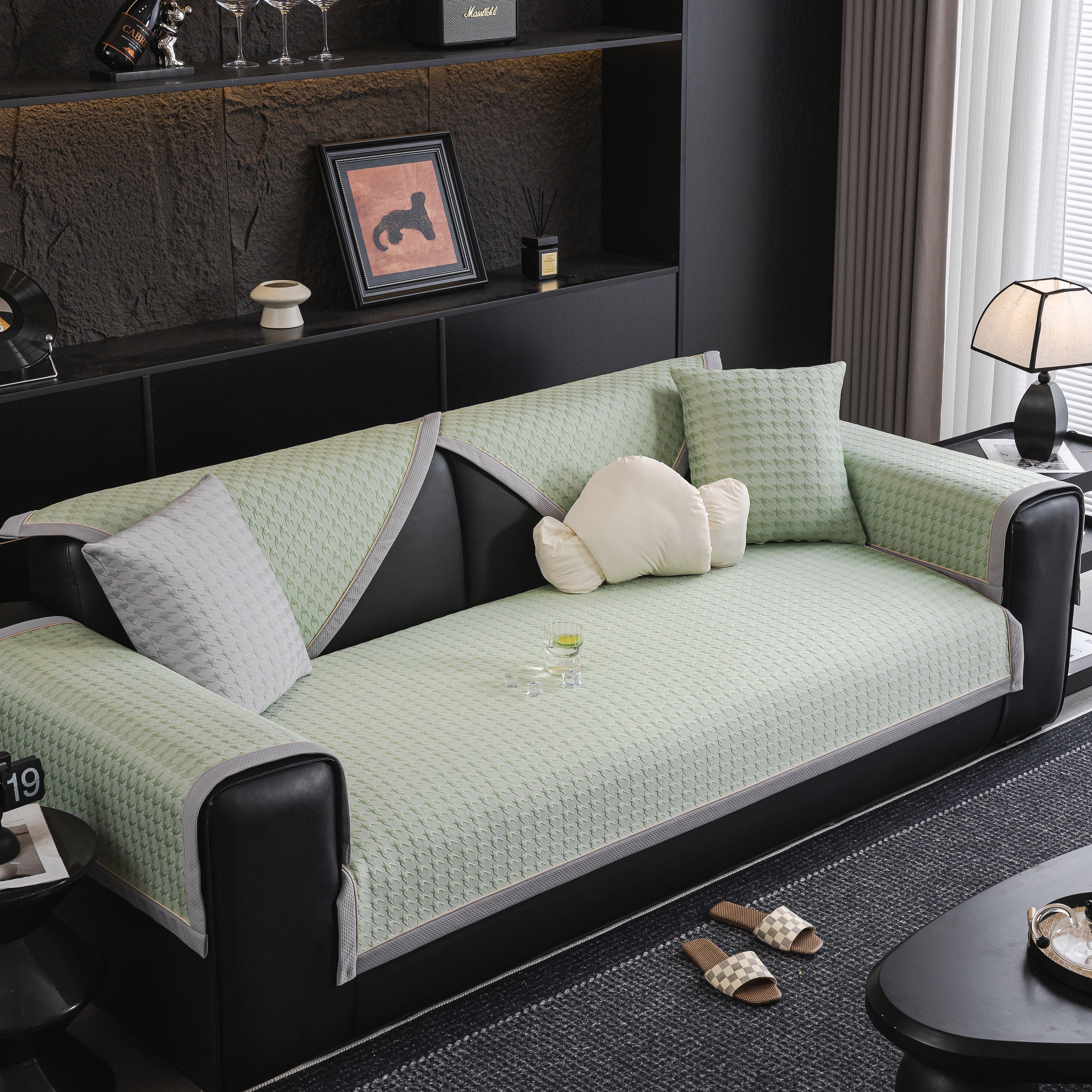 Houndstooth Ice Silk Breathable Sofa Cover, Modern Non-slip Summer Couch Protector