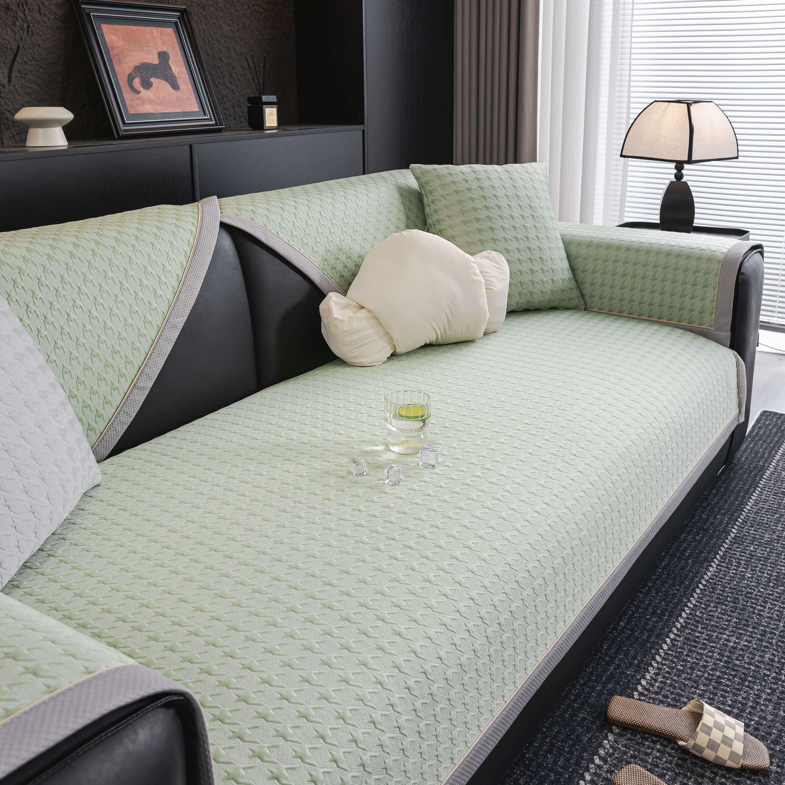 Houndstooth Ice Silk Breathable Sofa Cover, Modern Non-slip Summer Couch Protector
