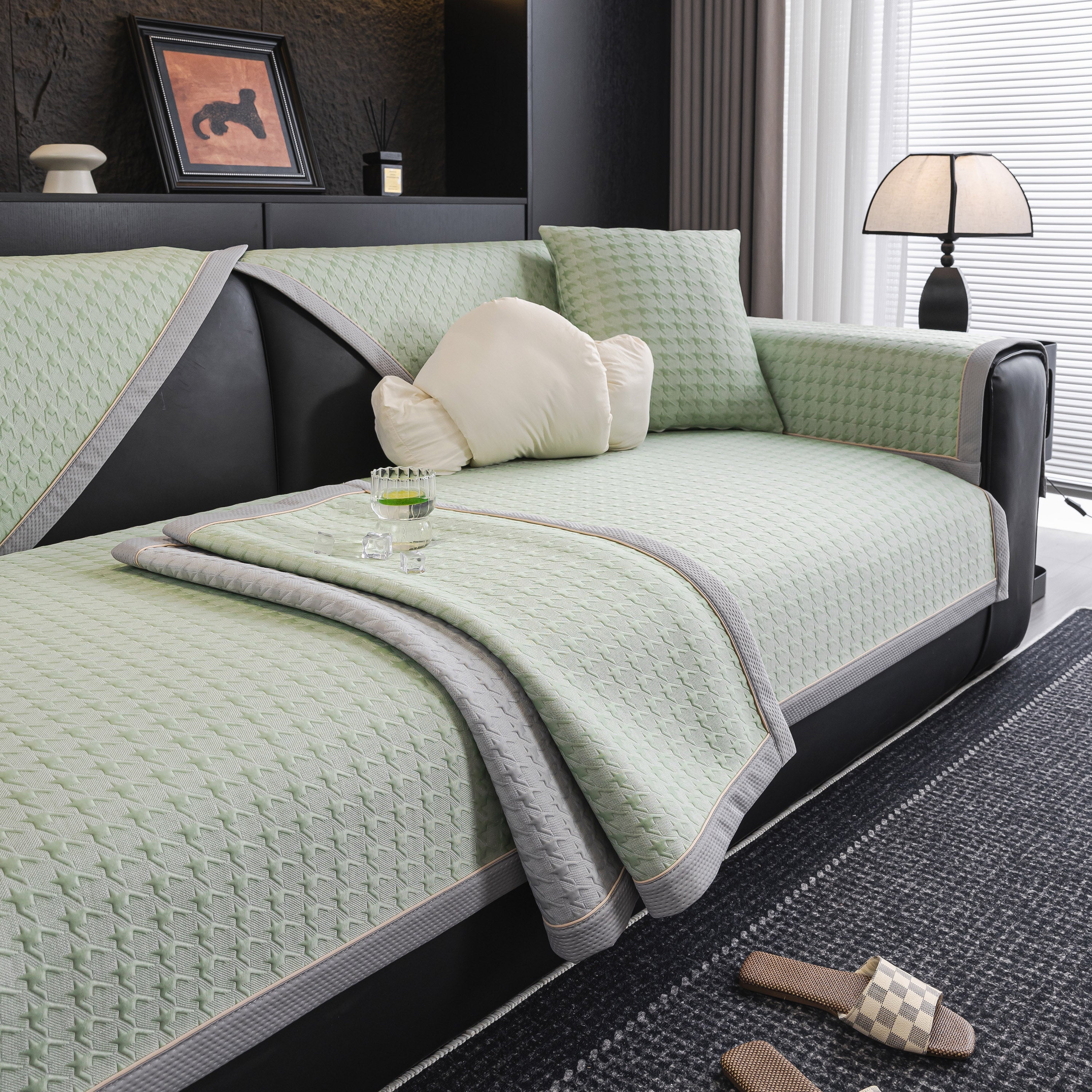 Houndstooth Ice Silk Breathable Sofa Cover, Modern Non-slip Summer Couch Protector