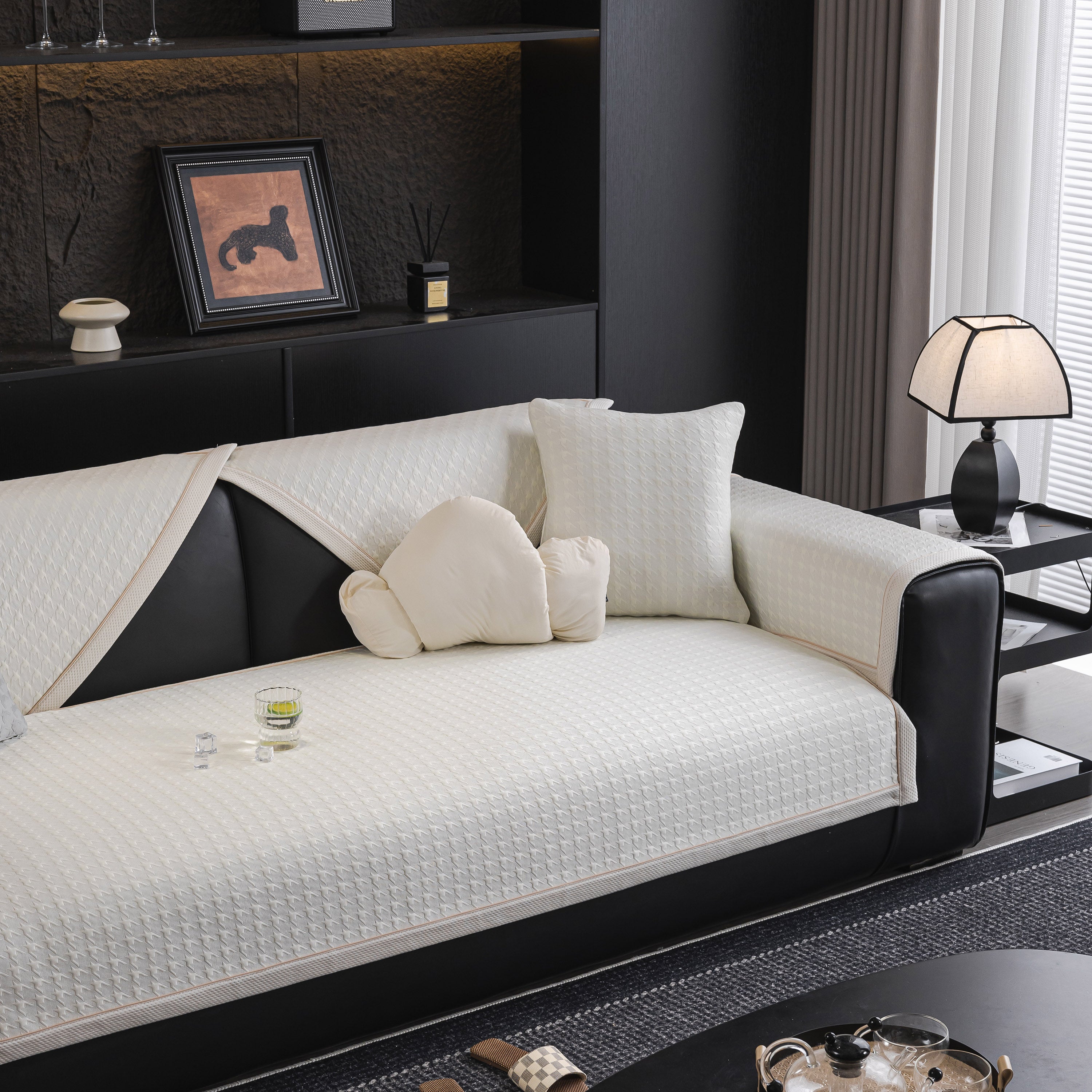Houndstooth Ice Silk Breathable Sofa Cover, Modern Non-slip Summer Couch Protector