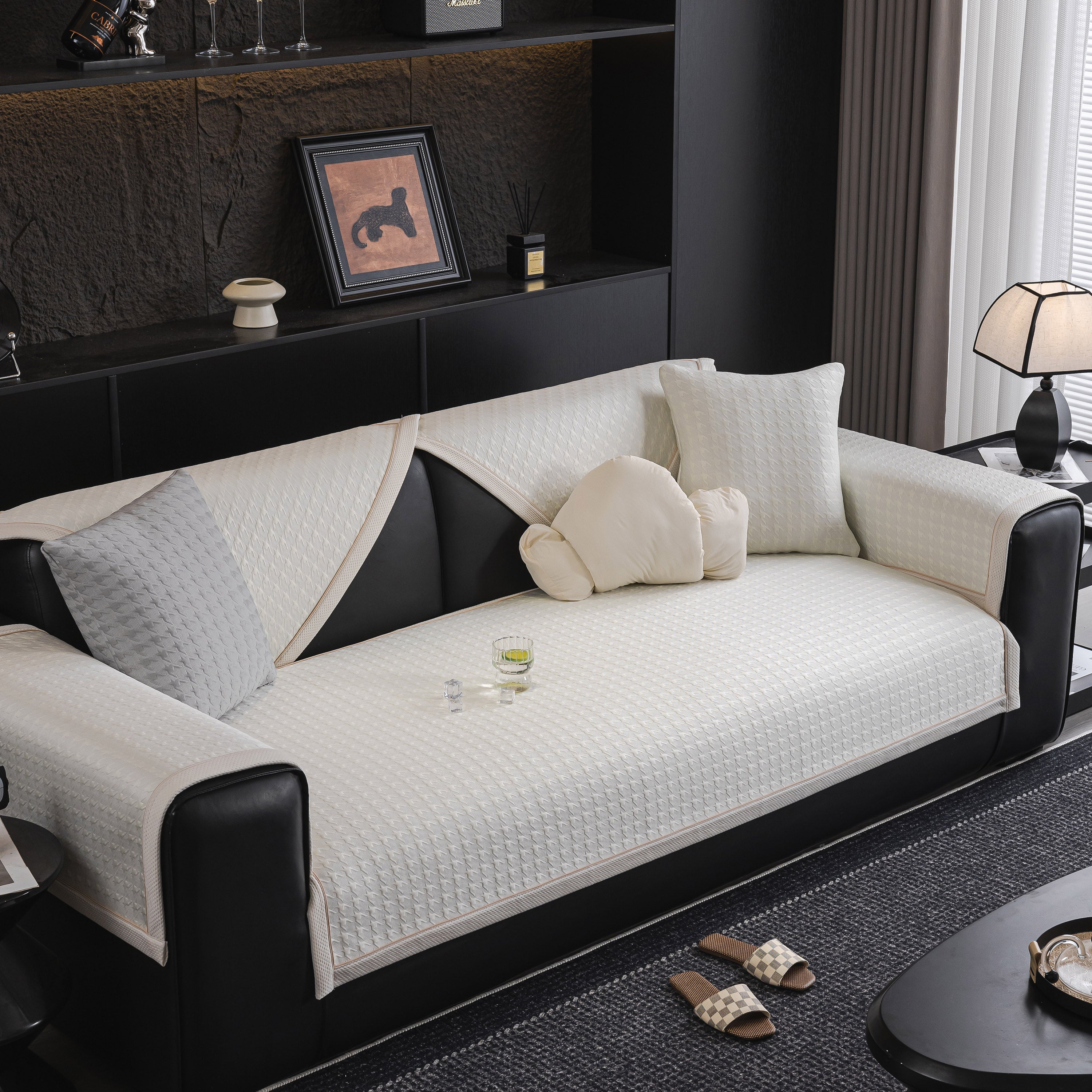 Houndstooth Ice Silk Breathable Sofa Cover, Modern Non-slip Summer Couch Protector