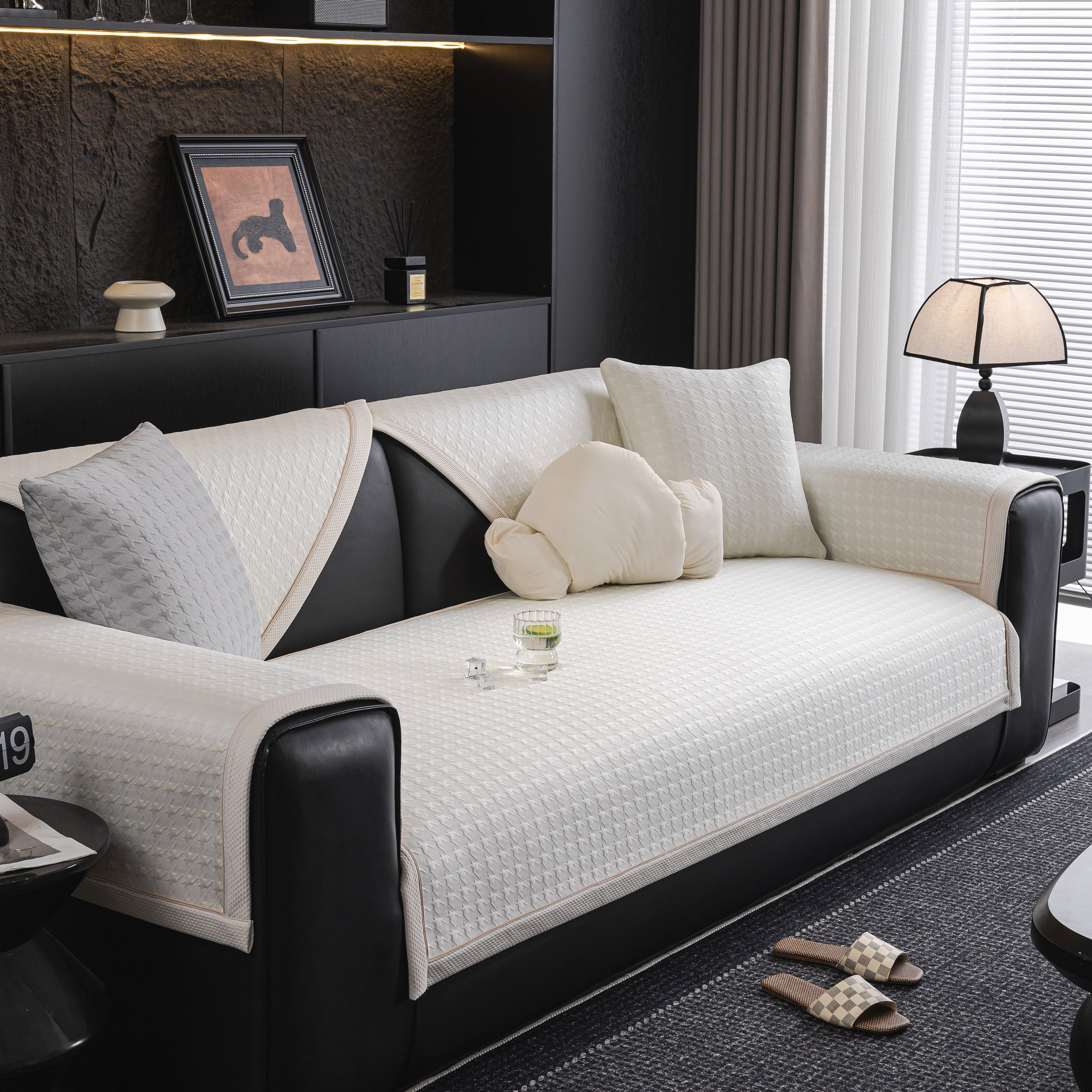 Houndstooth Ice Silk Breathable Sofa Cover, Modern Non-slip Summer Couch Protector