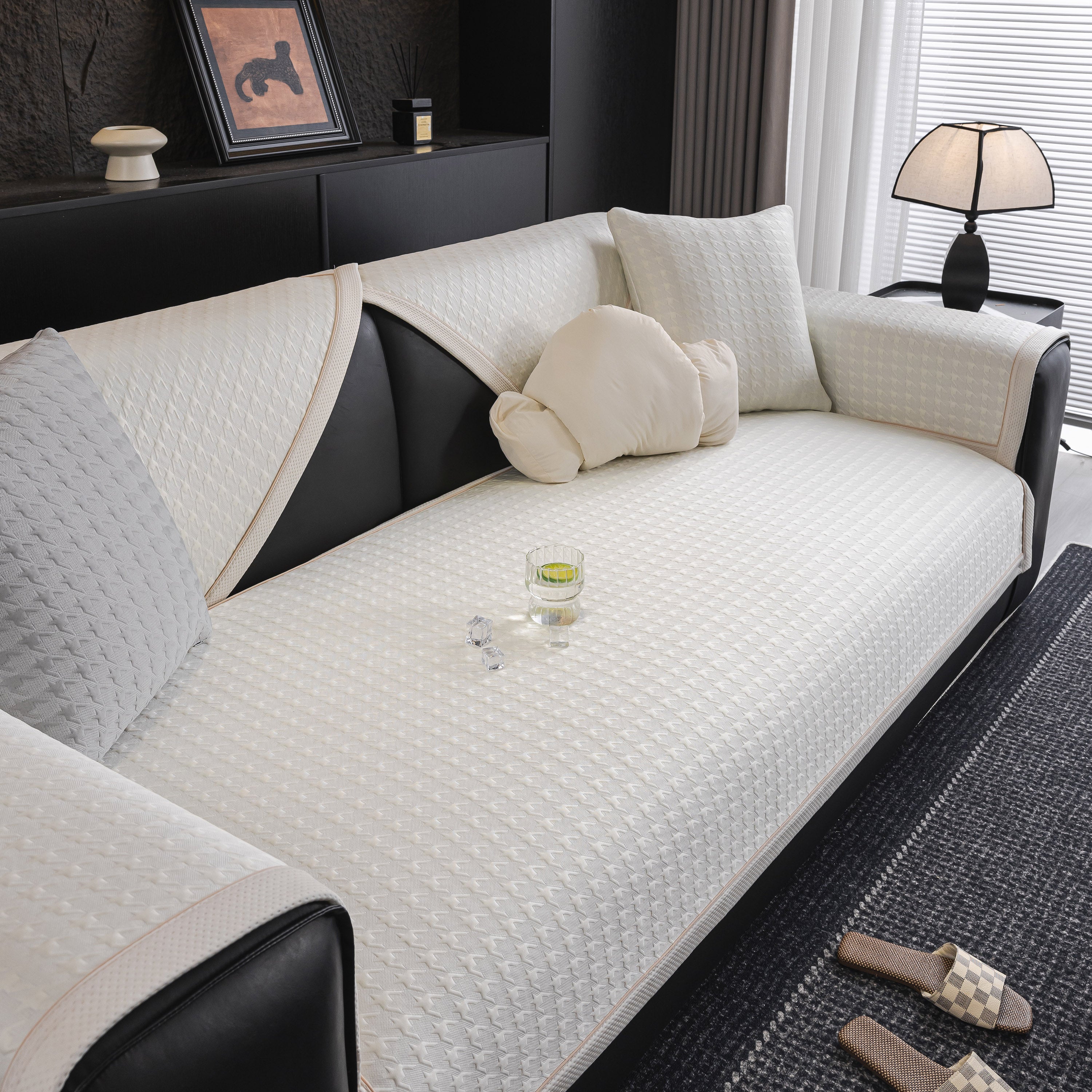 Houndstooth Ice Silk Breathable Sofa Cover, Modern Non-slip Summer Couch Protector