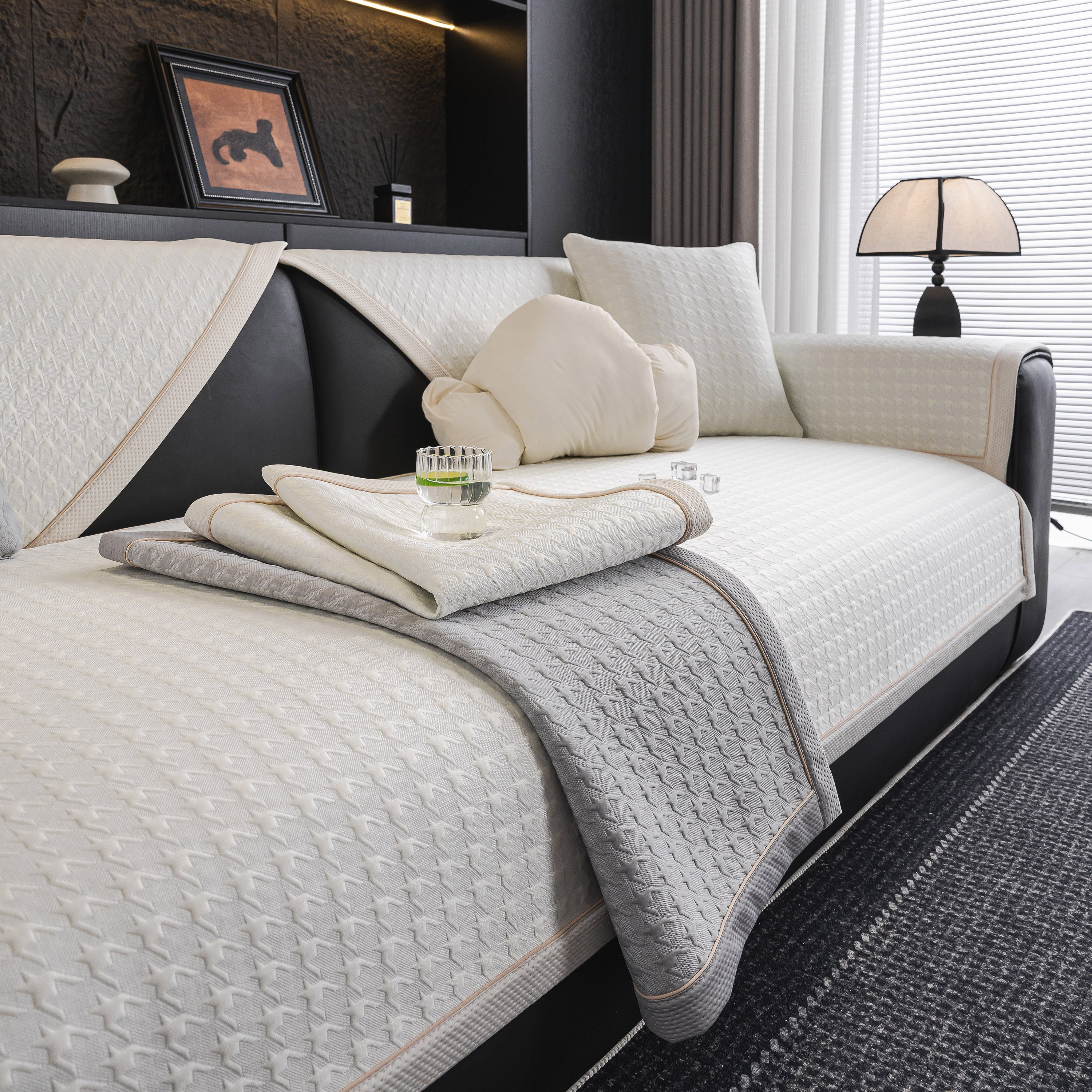 Houndstooth Ice Silk Breathable Sofa Cover, Modern Non-slip Summer Couch Protector