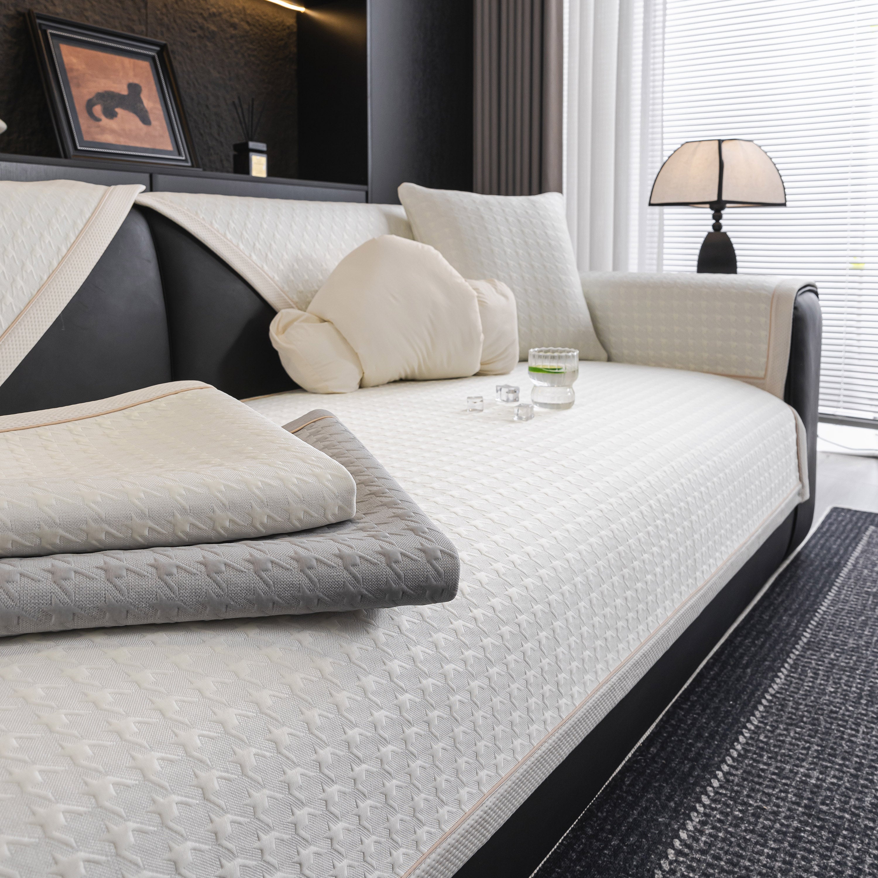 Houndstooth Ice Silk Breathable Sofa Cover, Modern Non-slip Summer Couch Protector