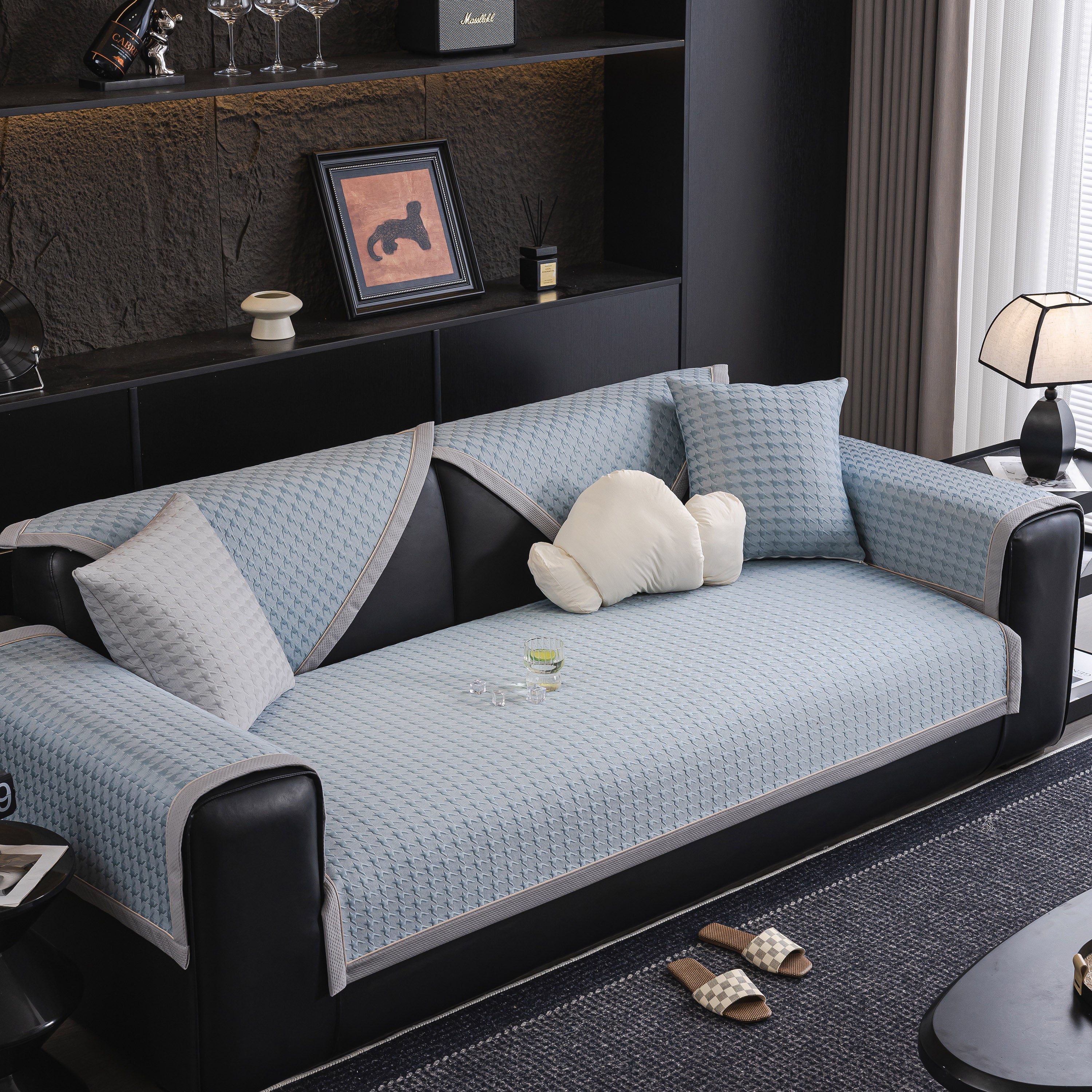 Houndstooth Ice Silk Breathable Sofa Cover, Modern Non-slip Summer Couch Protector