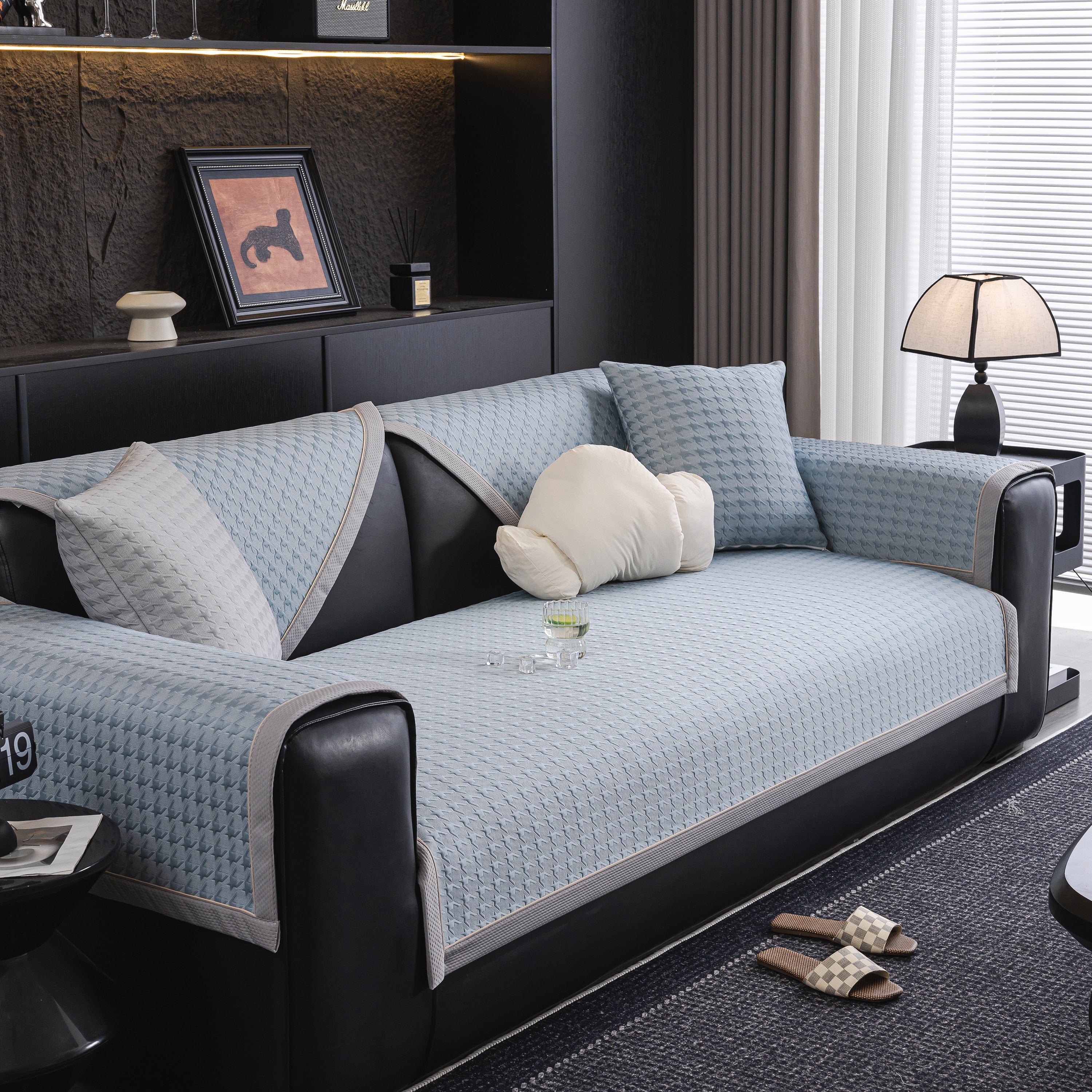 Houndstooth Ice Silk Breathable Sofa Cover, Modern Non-slip Summer Couch Protector