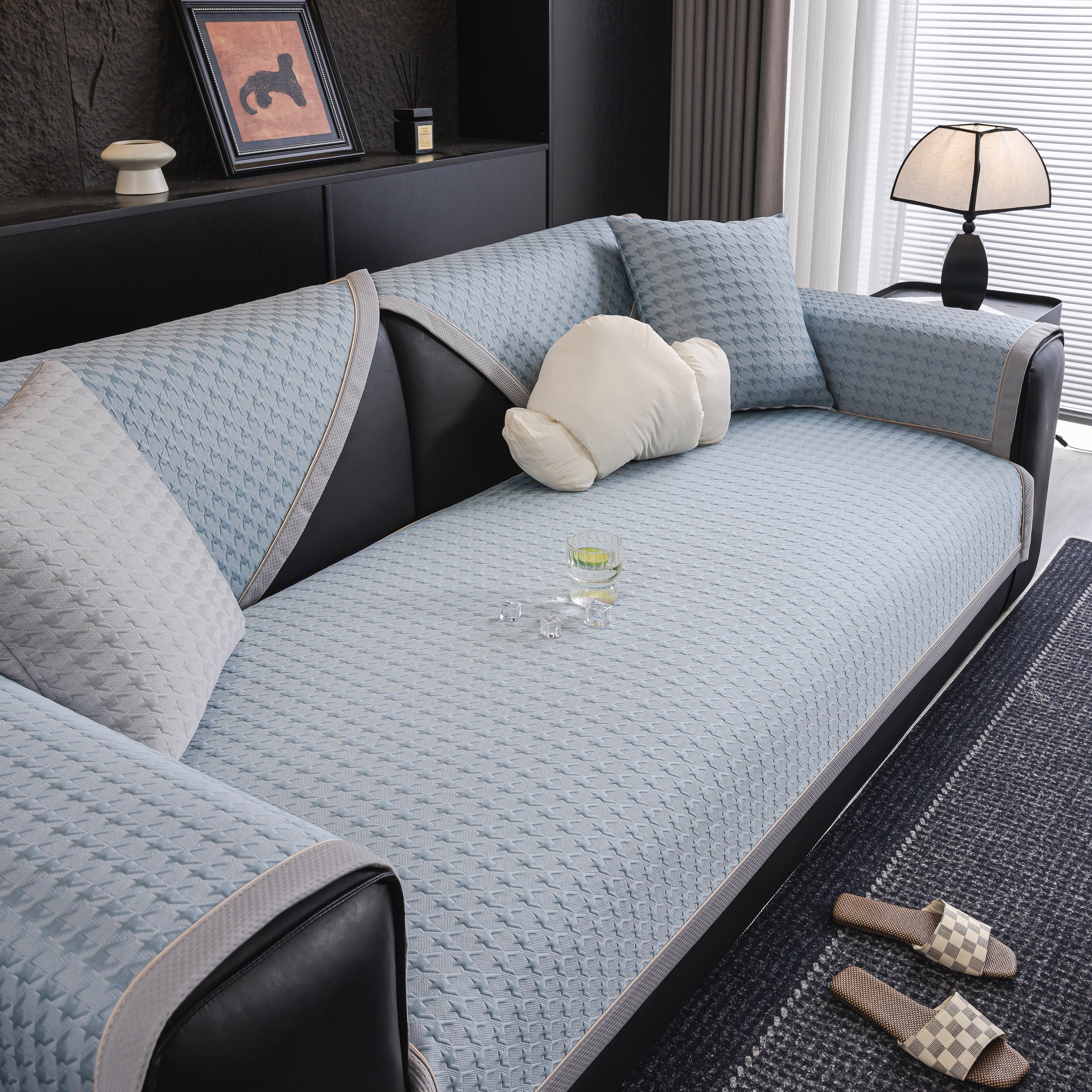 Houndstooth Ice Silk Breathable Sofa Cover, Modern Non-slip Summer Couch Protector