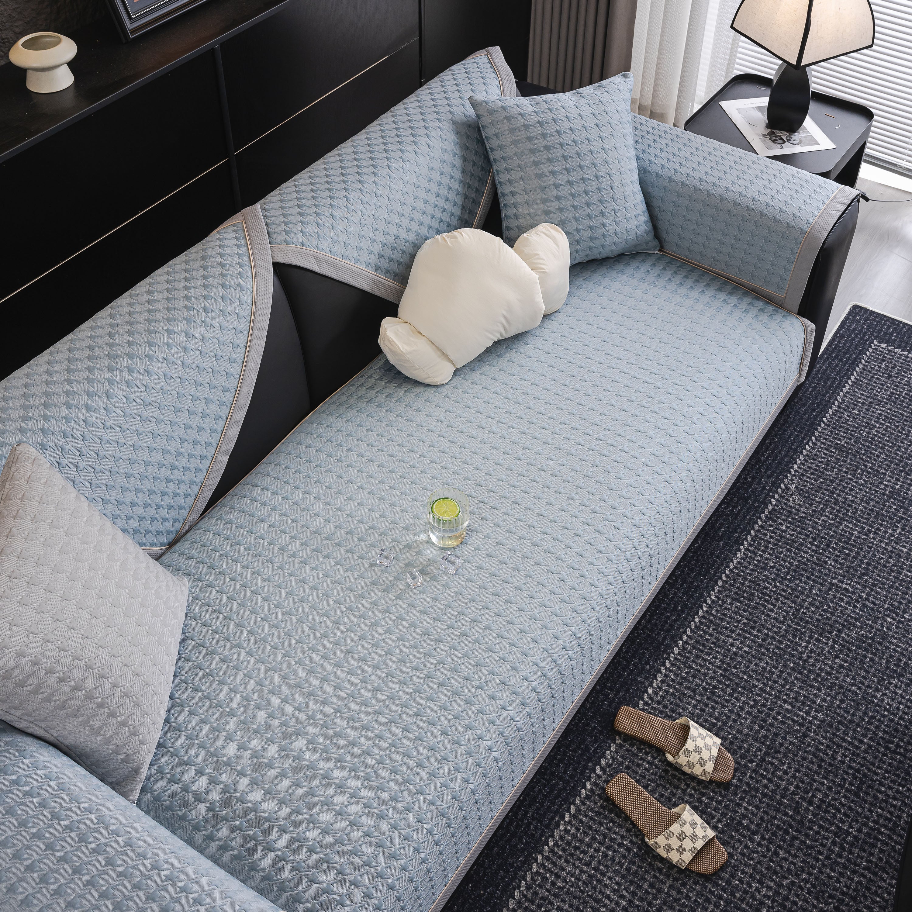 Houndstooth Ice Silk Breathable Sofa Cover, Modern Non-slip Summer Couch Protector