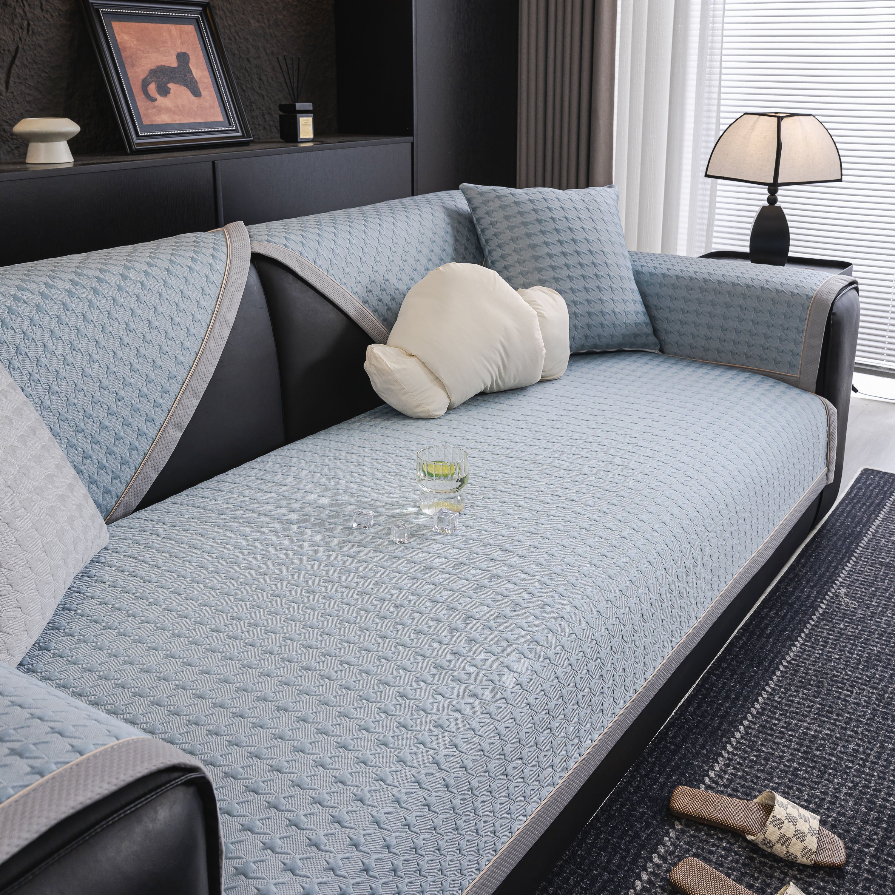 Houndstooth Ice Silk Breathable Sofa Cover, Modern Non-slip Summer Couch Protector