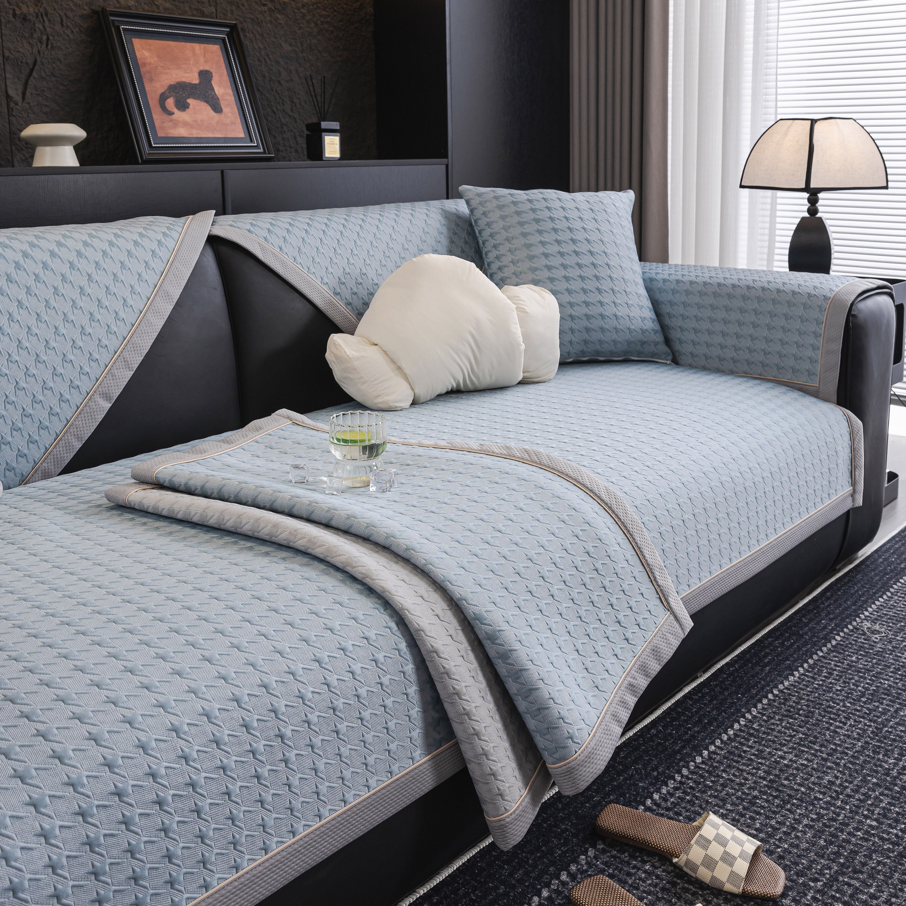 Houndstooth Ice Silk Breathable Sofa Cover, Modern Non-slip Summer Couch Protector