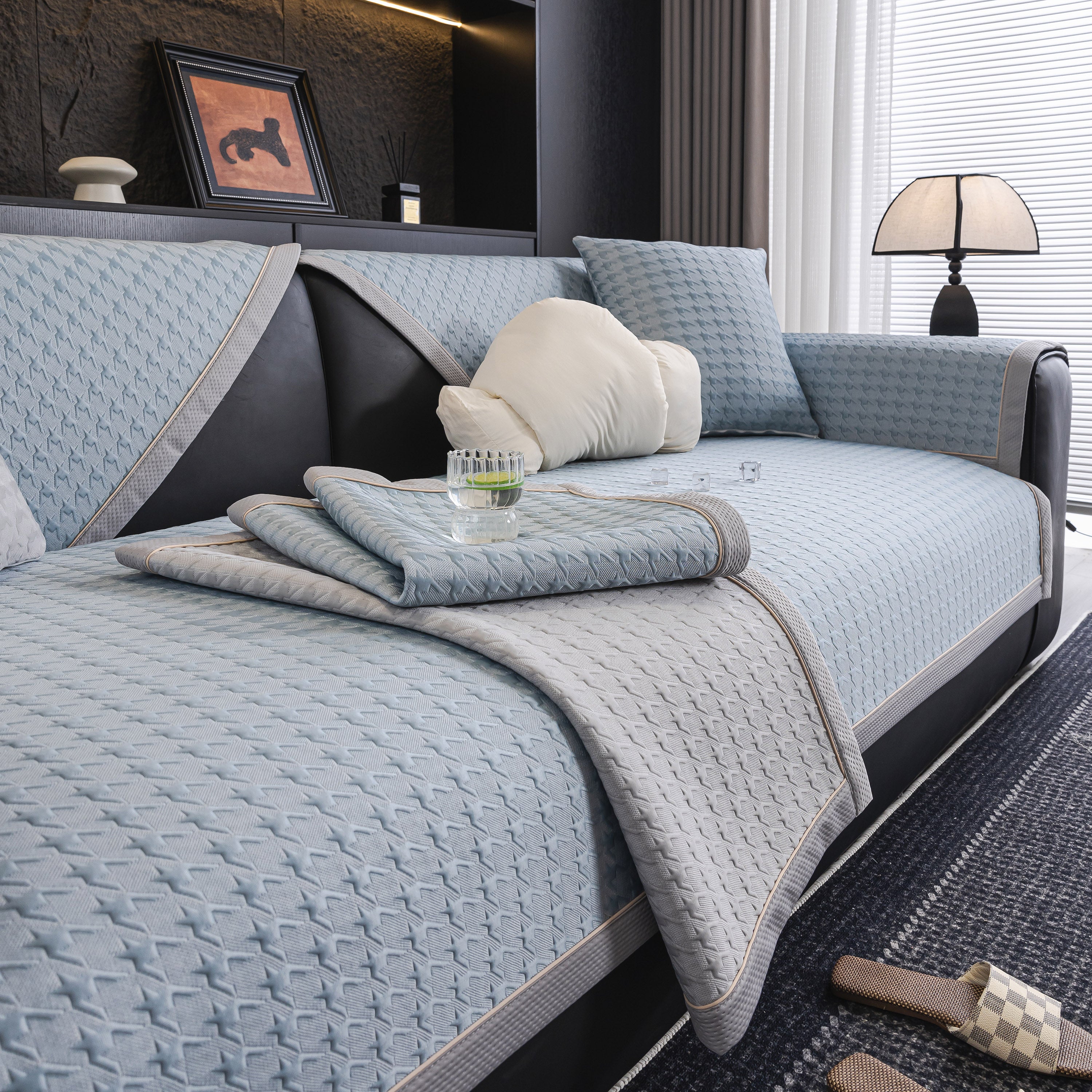 Houndstooth Ice Silk Breathable Sofa Cover, Modern Non-slip Summer Couch Protector