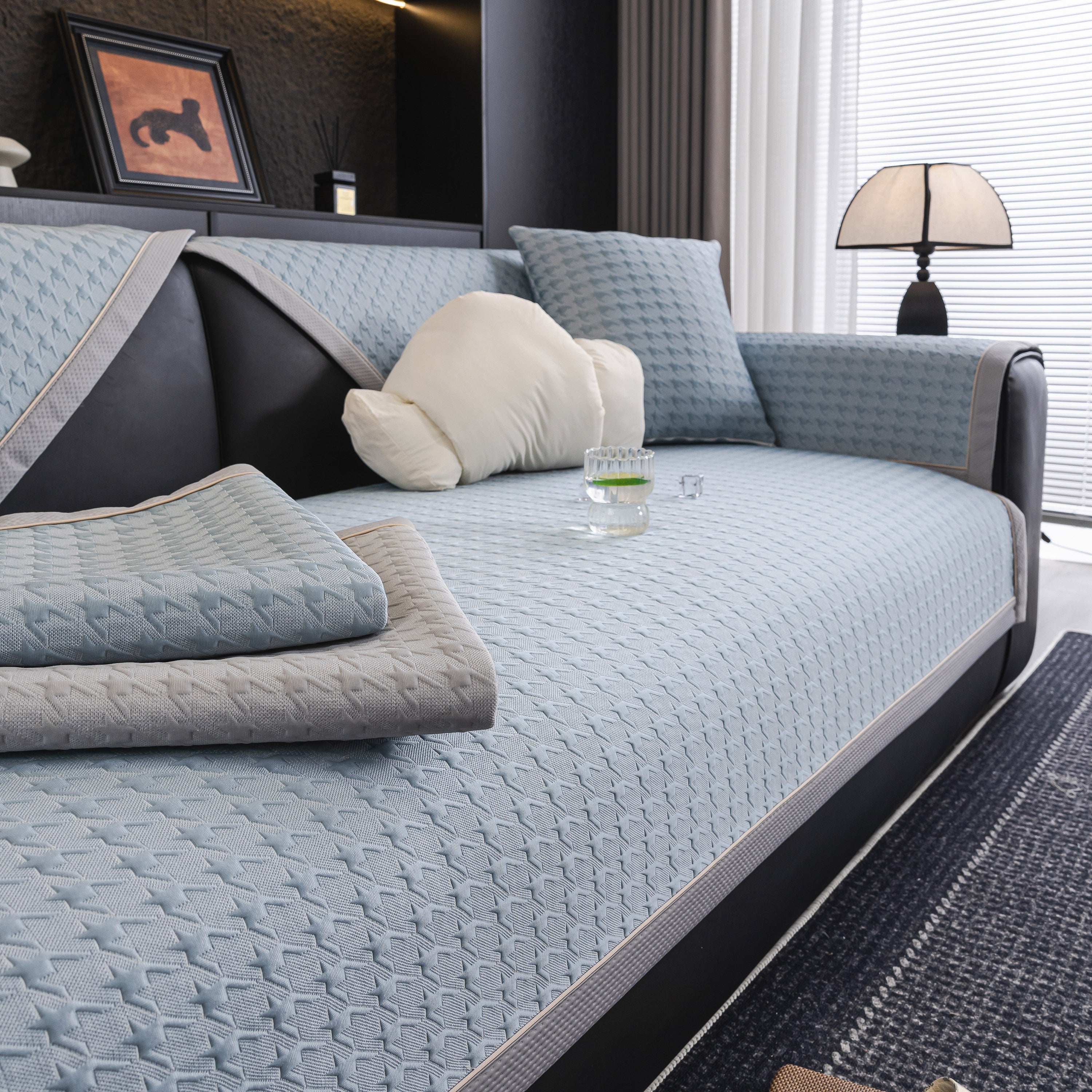 Houndstooth Ice Silk Breathable Sofa Cover, Modern Non-slip Summer Couch Protector
