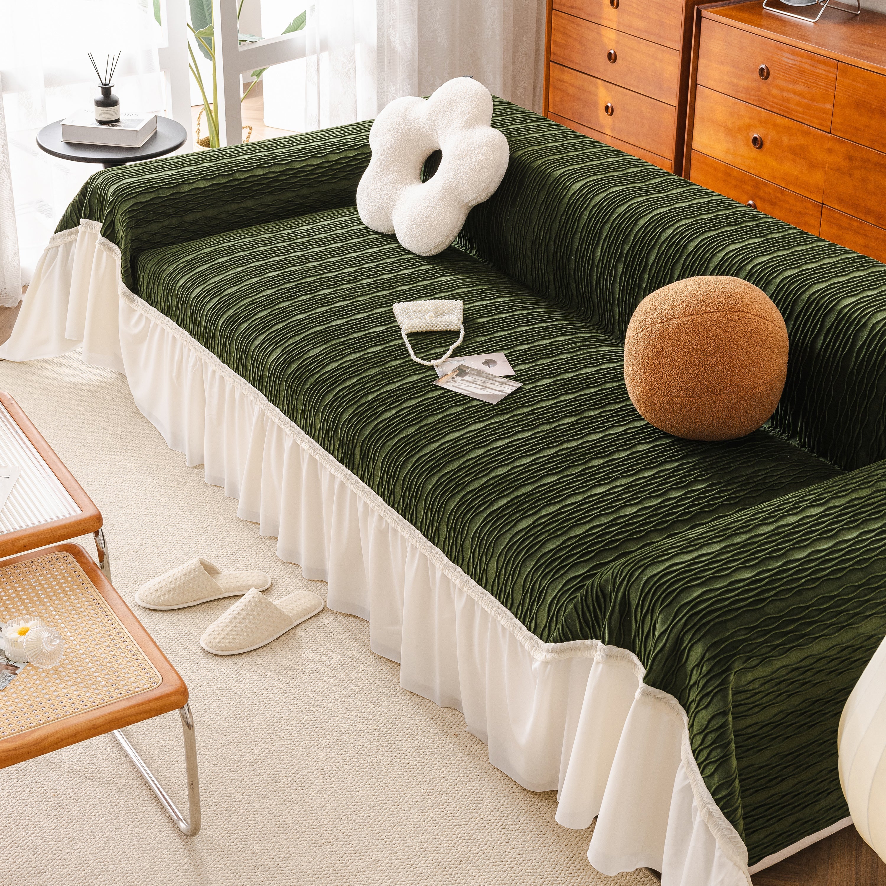 Soft Warm Flannel Couch Cover Throw Blanket With French Flounce, Beautiful Furniture Throws For Sofas