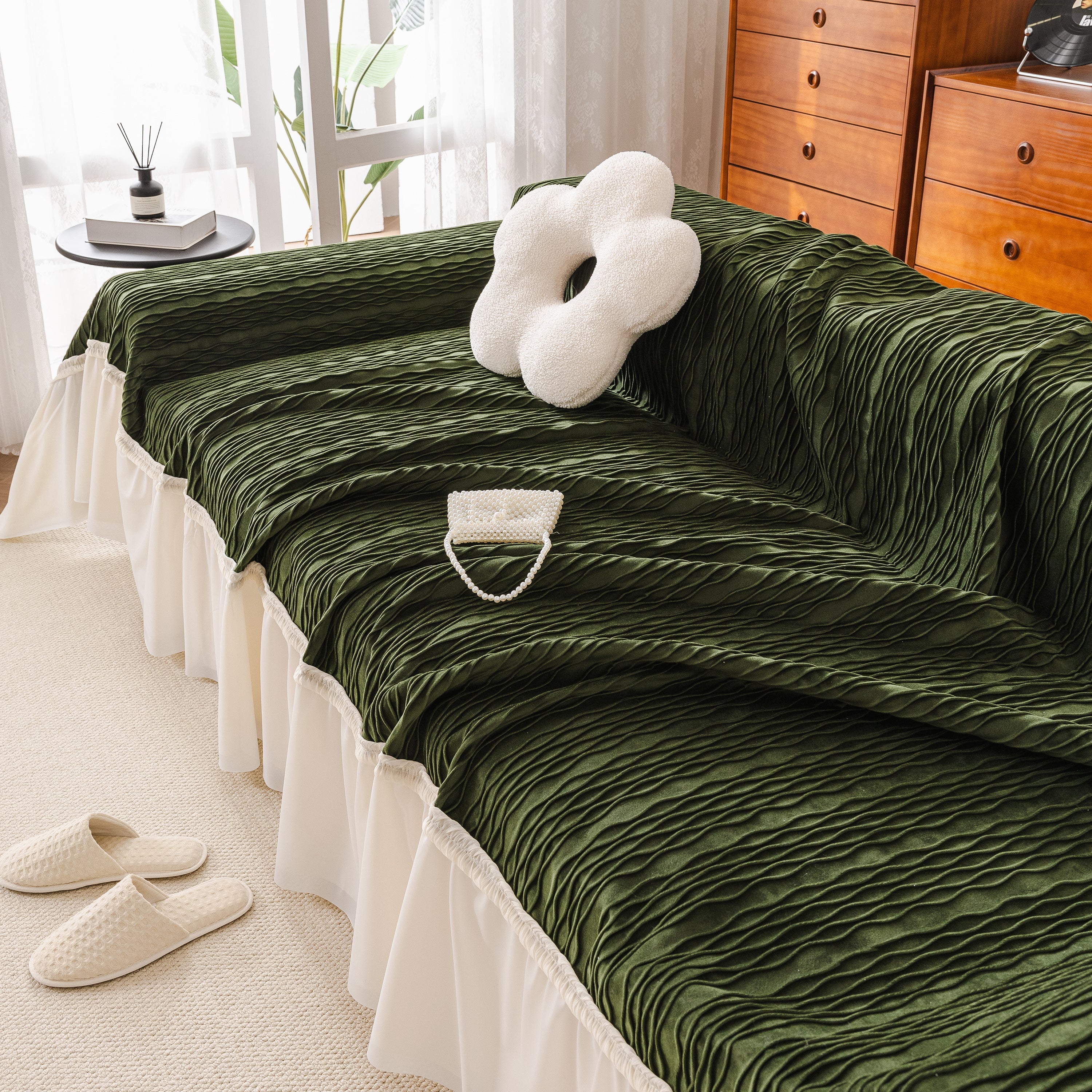 Soft Warm Flannel Couch Cover Throw Blanket With French Flounce, Beautiful Furniture Throws For Sofas