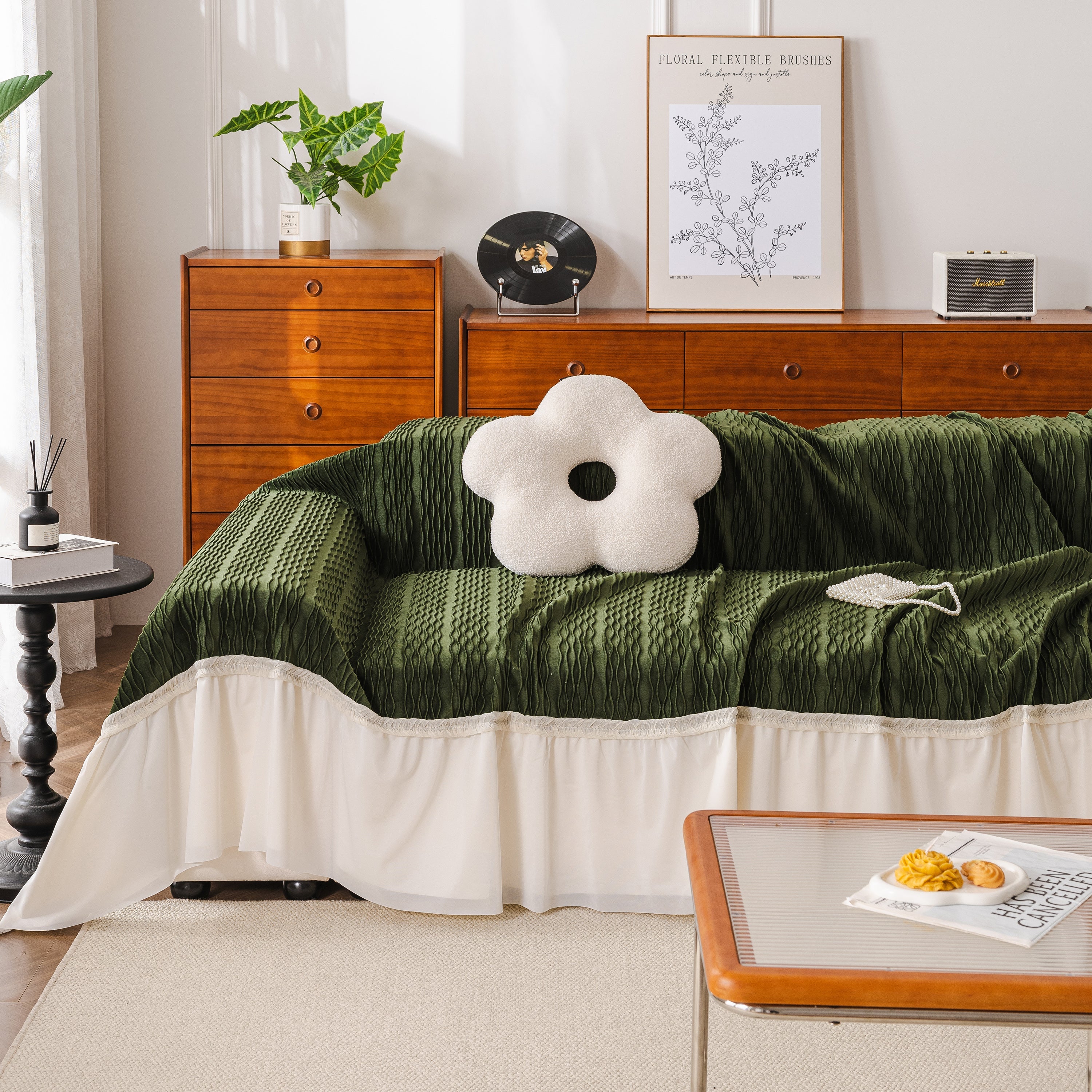 Soft Warm Flannel Couch Cover Throw Blanket With French Flounce, Beautiful Furniture Throws For Sofas