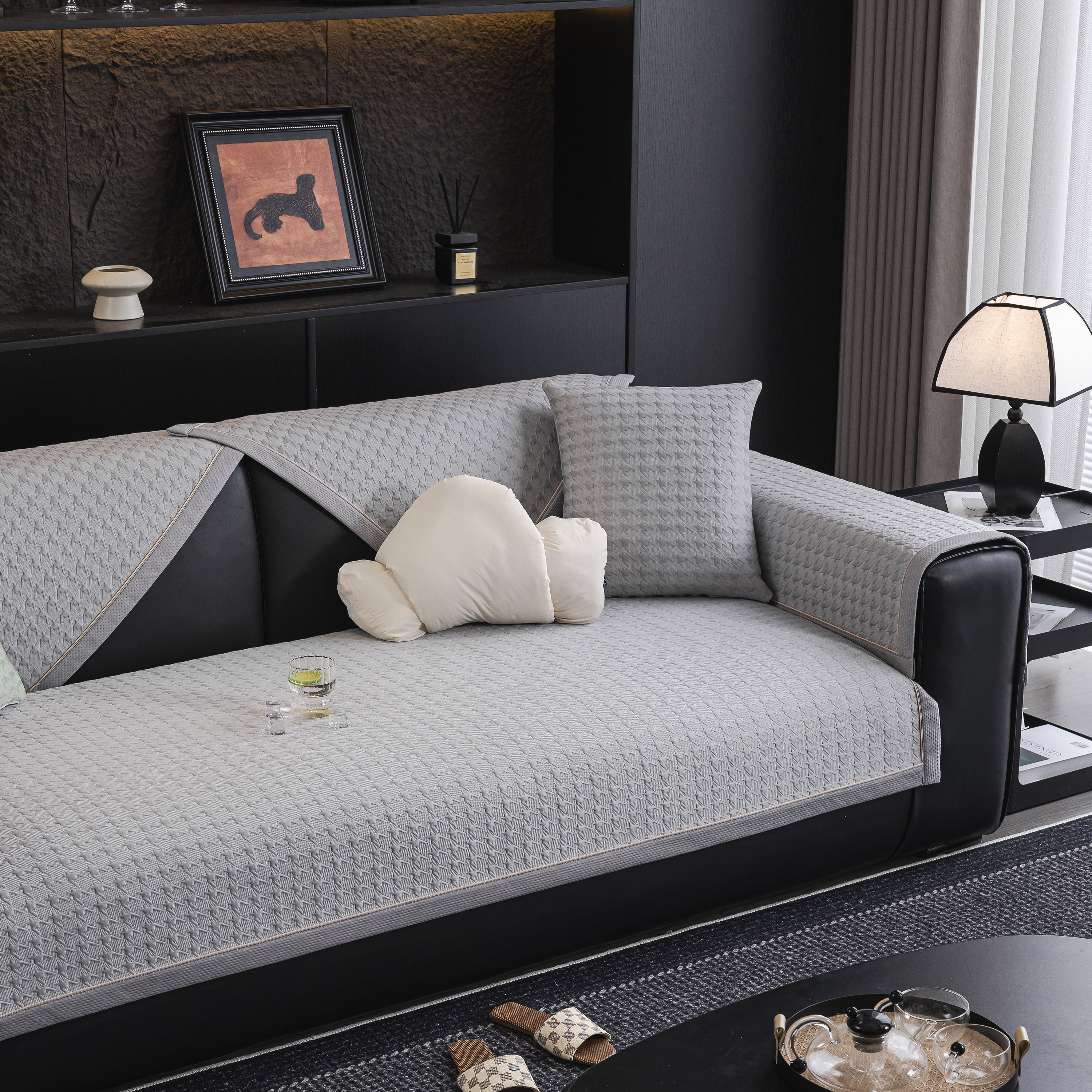 Houndstooth Ice Silk Breathable Sofa Cover, Modern Non-slip Summer Couch Protector