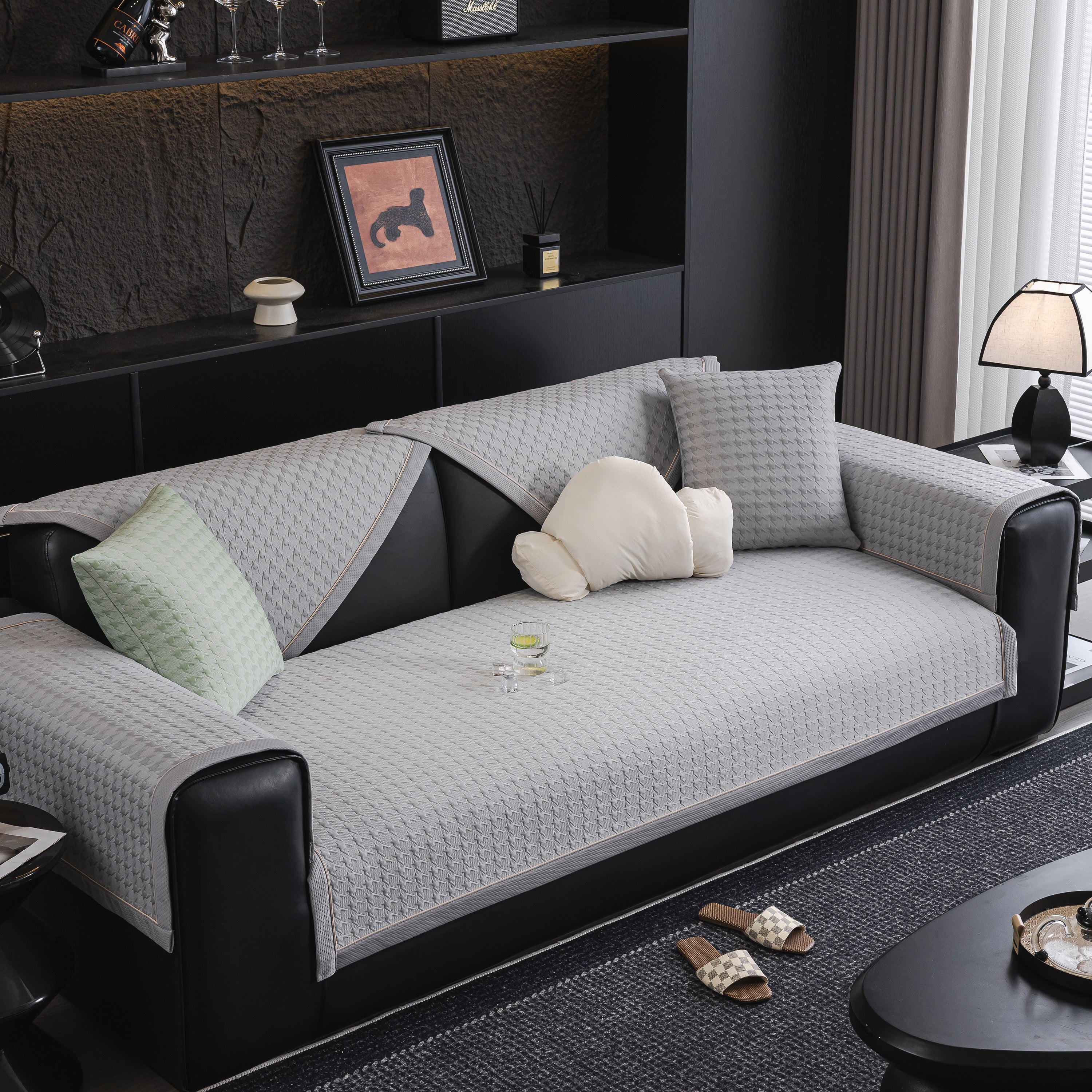 Houndstooth Ice Silk Breathable Sofa Cover, Modern Non-slip Summer Couch Protector