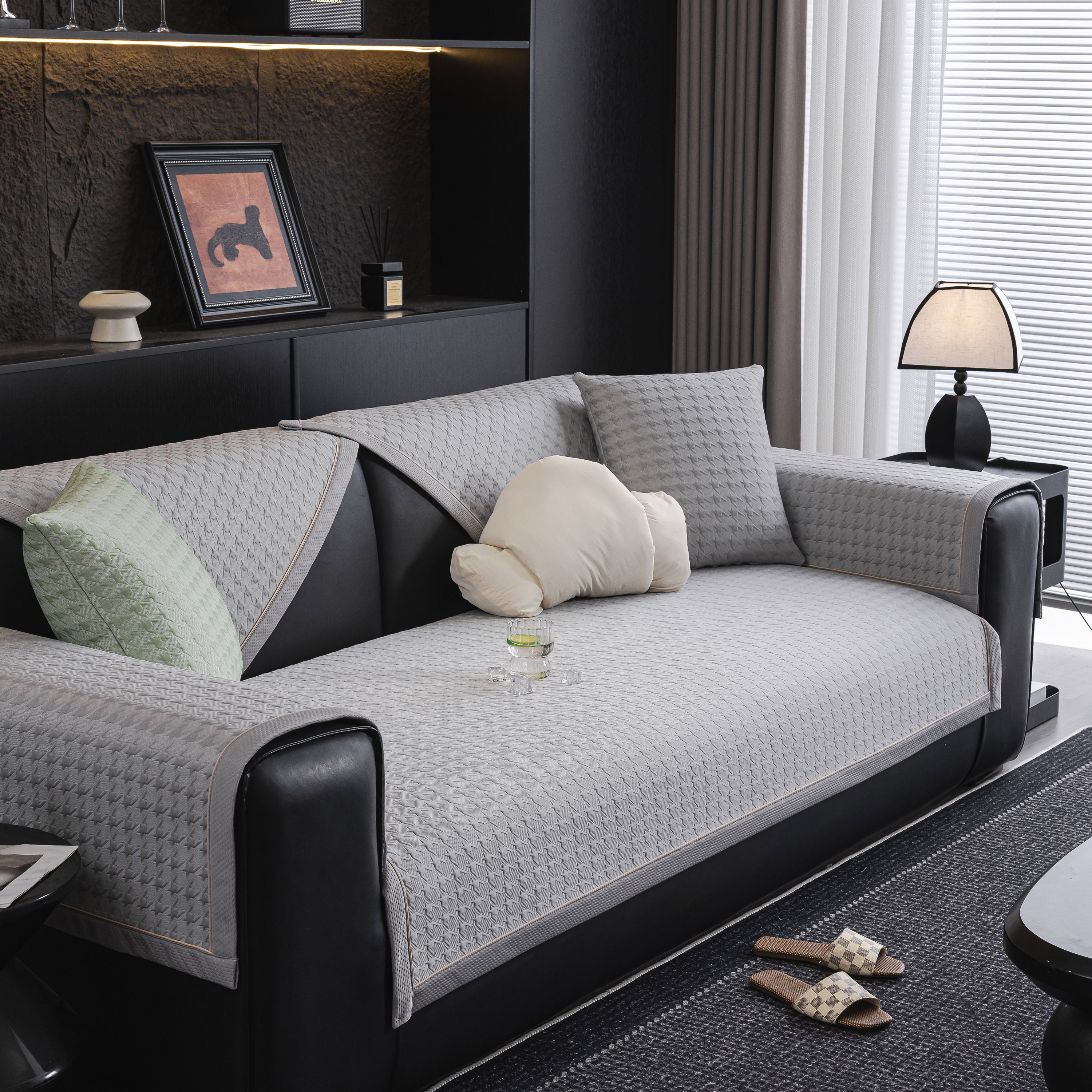 Houndstooth Ice Silk Breathable Sofa Cover, Modern Non-slip Summer Couch Protector