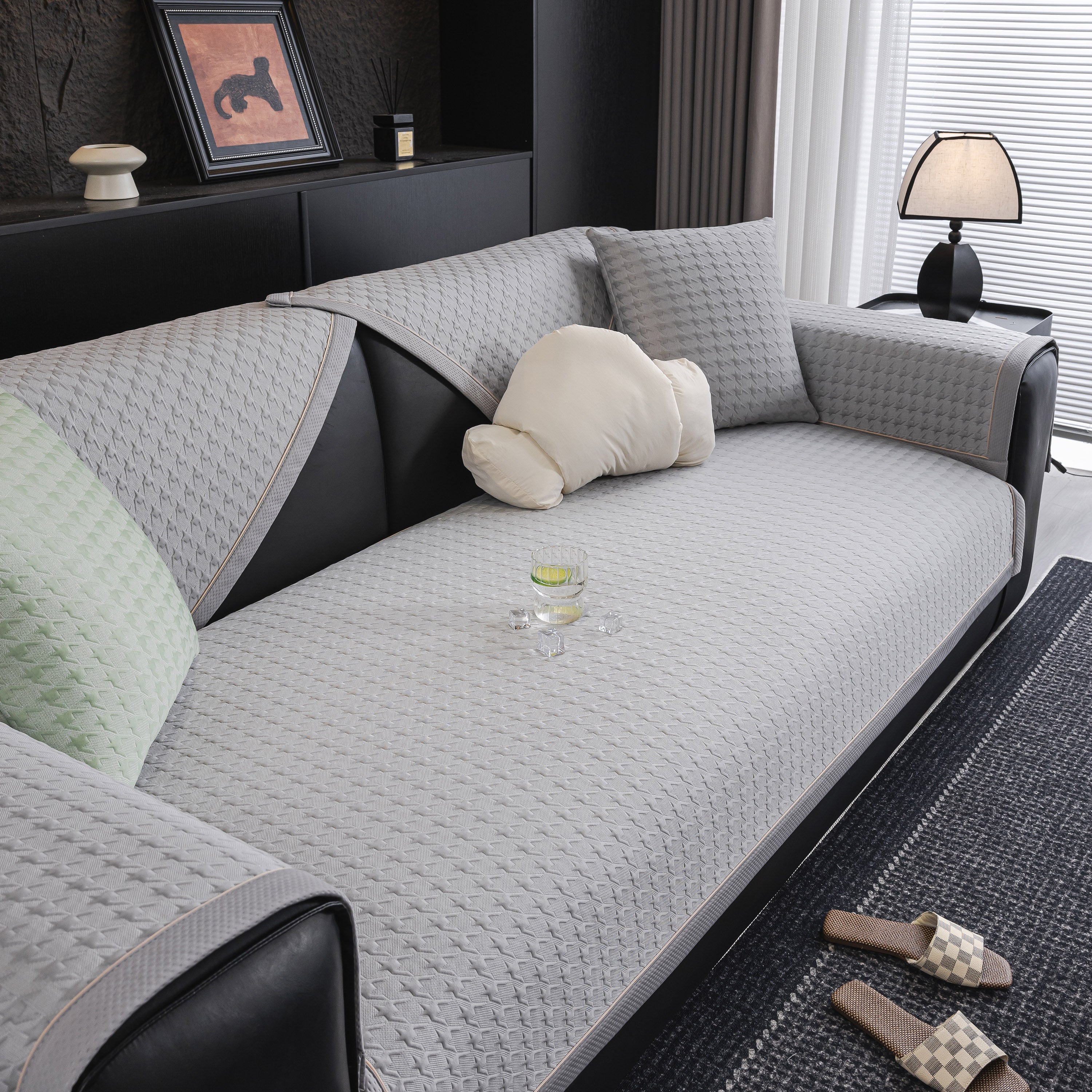 Houndstooth Ice Silk Breathable Sofa Cover, Modern Non-slip Summer Couch Protector