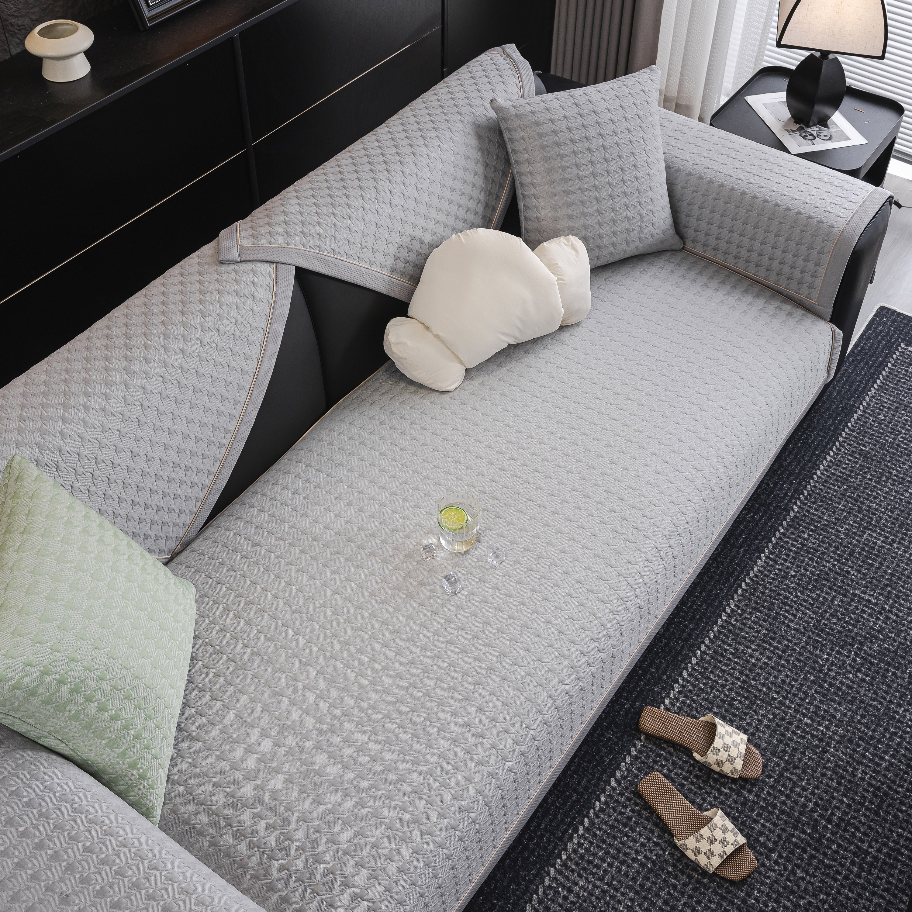 Houndstooth Ice Silk Breathable Sofa Cover, Modern Non-slip Summer Couch Protector