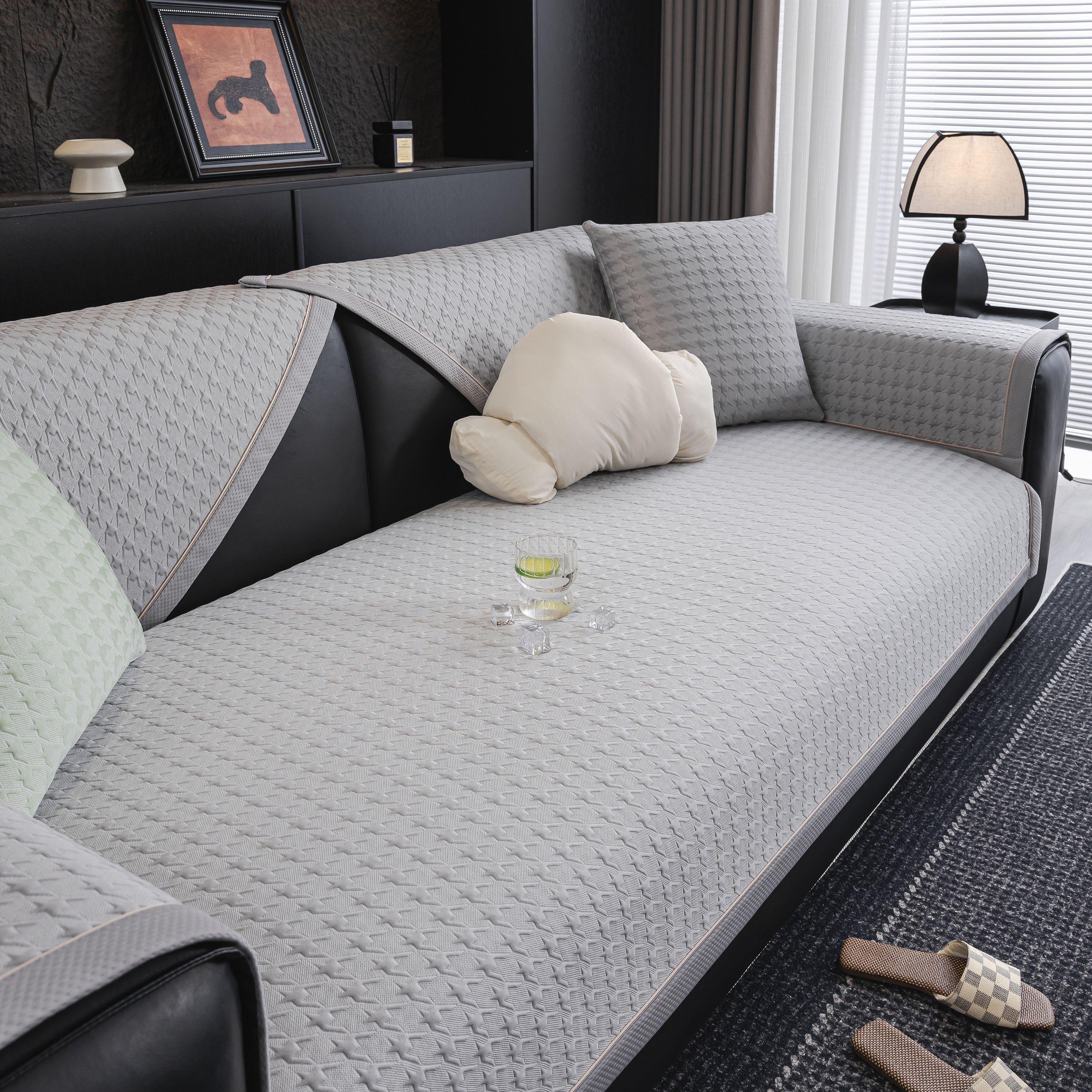 Houndstooth Ice Silk Breathable Sofa Cover, Modern Non-slip Summer Couch Protector