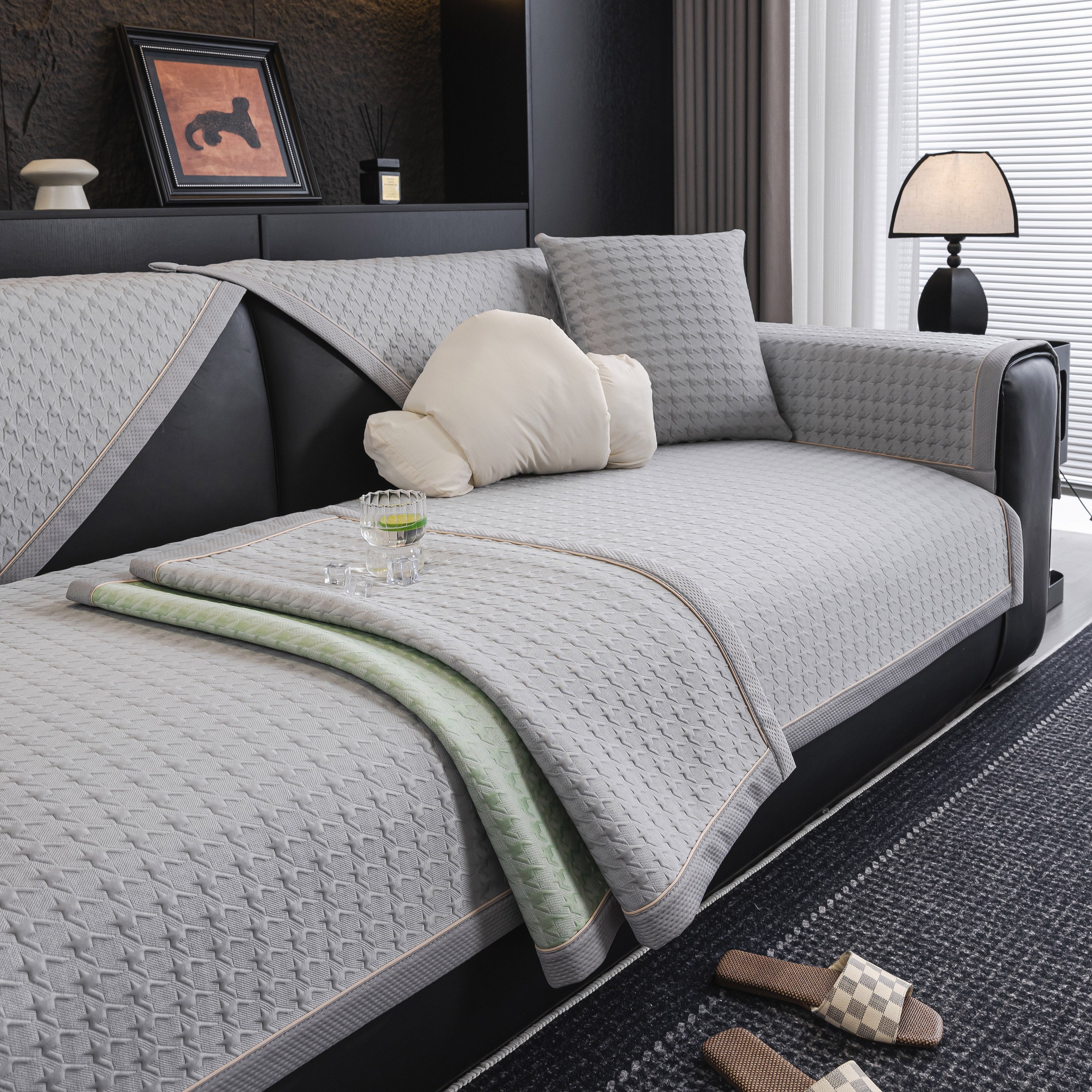 Houndstooth Ice Silk Breathable Sofa Cover, Modern Non-slip Summer Couch Protector